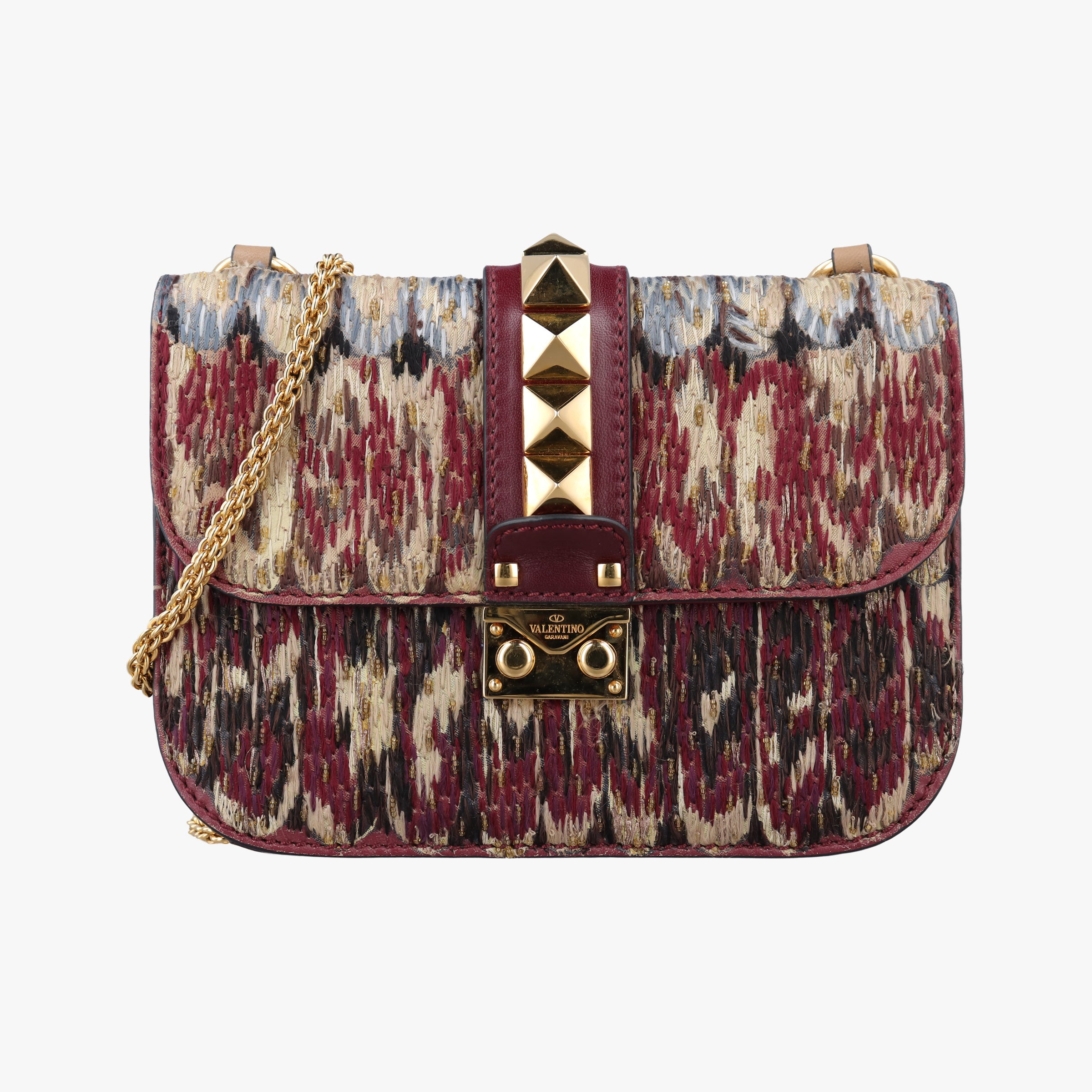 Vintage Valentino Rockstud　Glam Lock Burgundy x Multicolour fabric x Leather  shoulderbag | stylenewstar