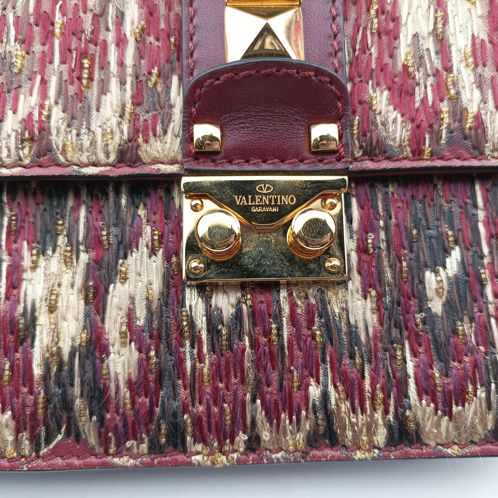 Vintage Valentino Rockstud　Glam Lock Burgundy x Multicolour fabric x Leather  shoulderbag | stylenewstar