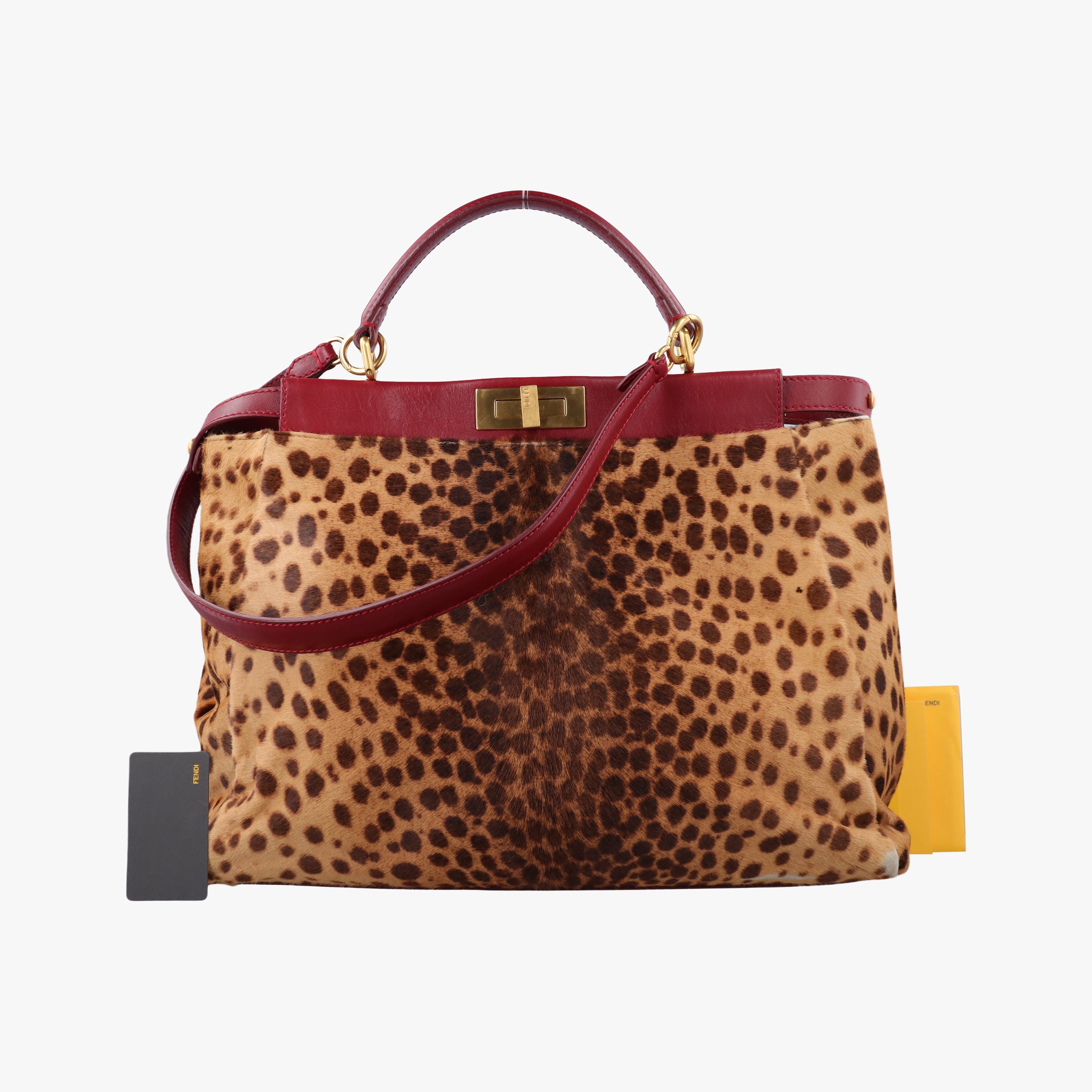 Pre-owned Fendi PEEKABOO Large Brown × Red pony hair× Leather 8BN210 shoulderbag | stylenewstar