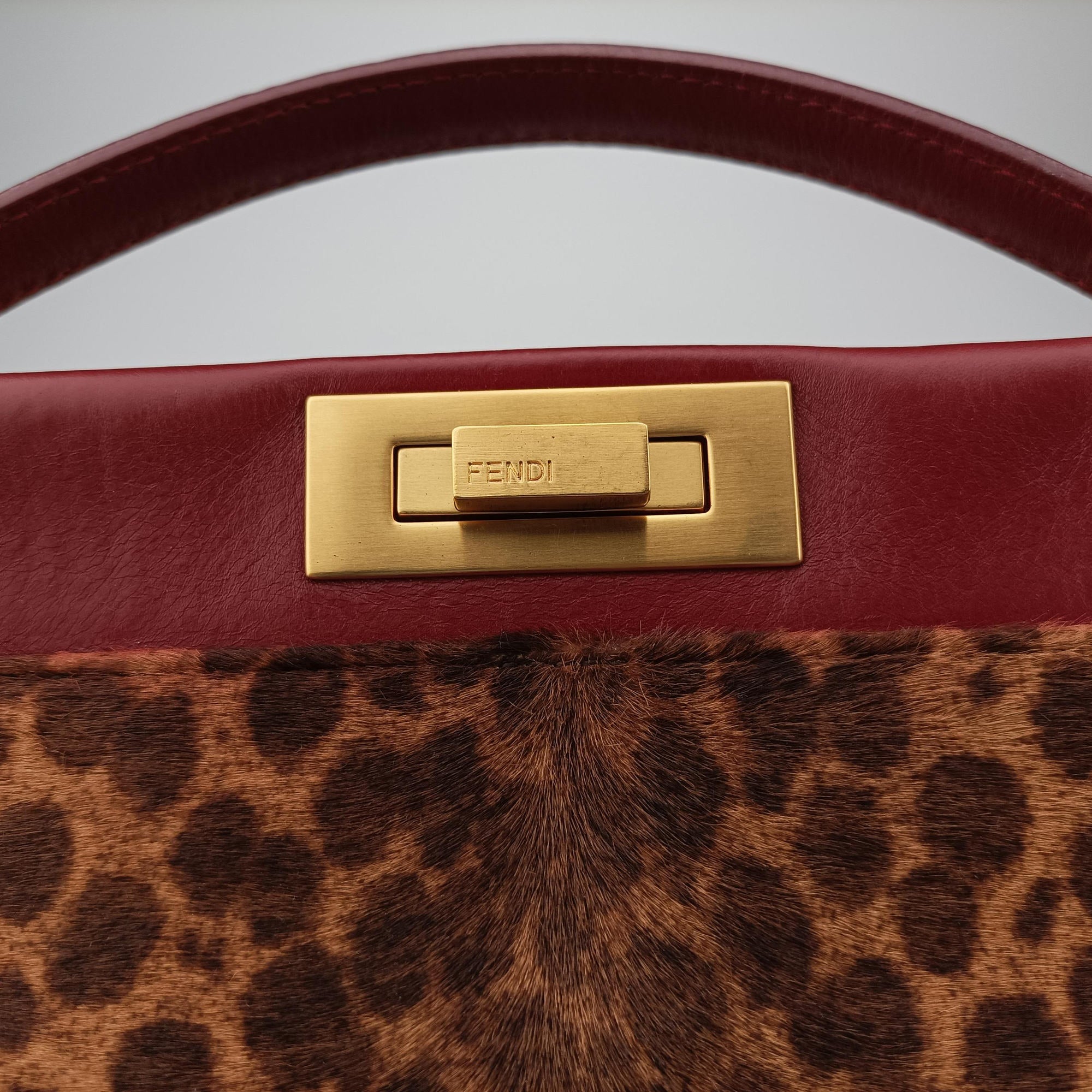 Pre-owned Fendi PEEKABOO Large Brown × Red pony hair× Leather 8BN210 shoulderbag | stylenewstar