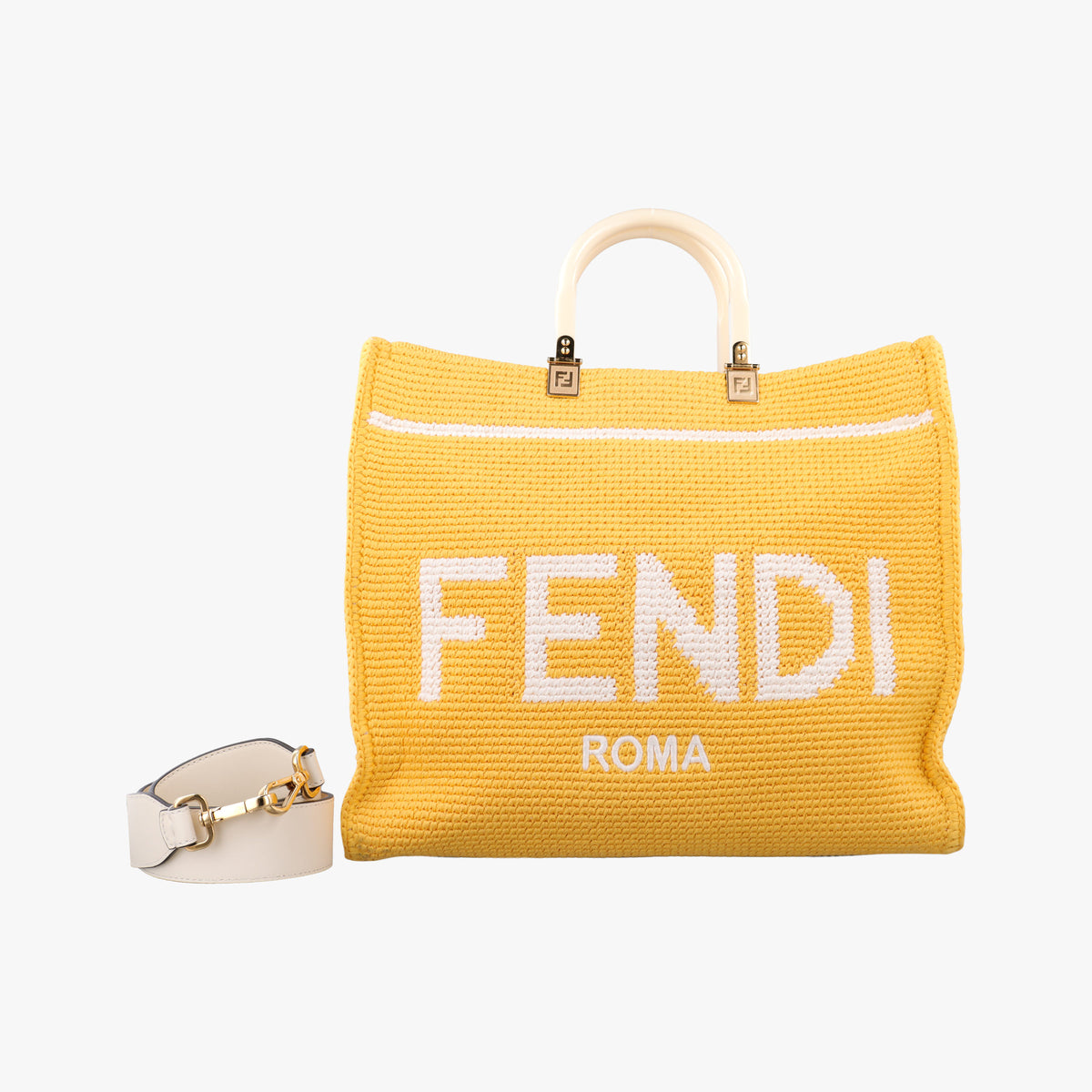 Secondhand Fendi SUNSHINE Yellow Crochet×leather 8BH386 shoulderbag | stylenewstar