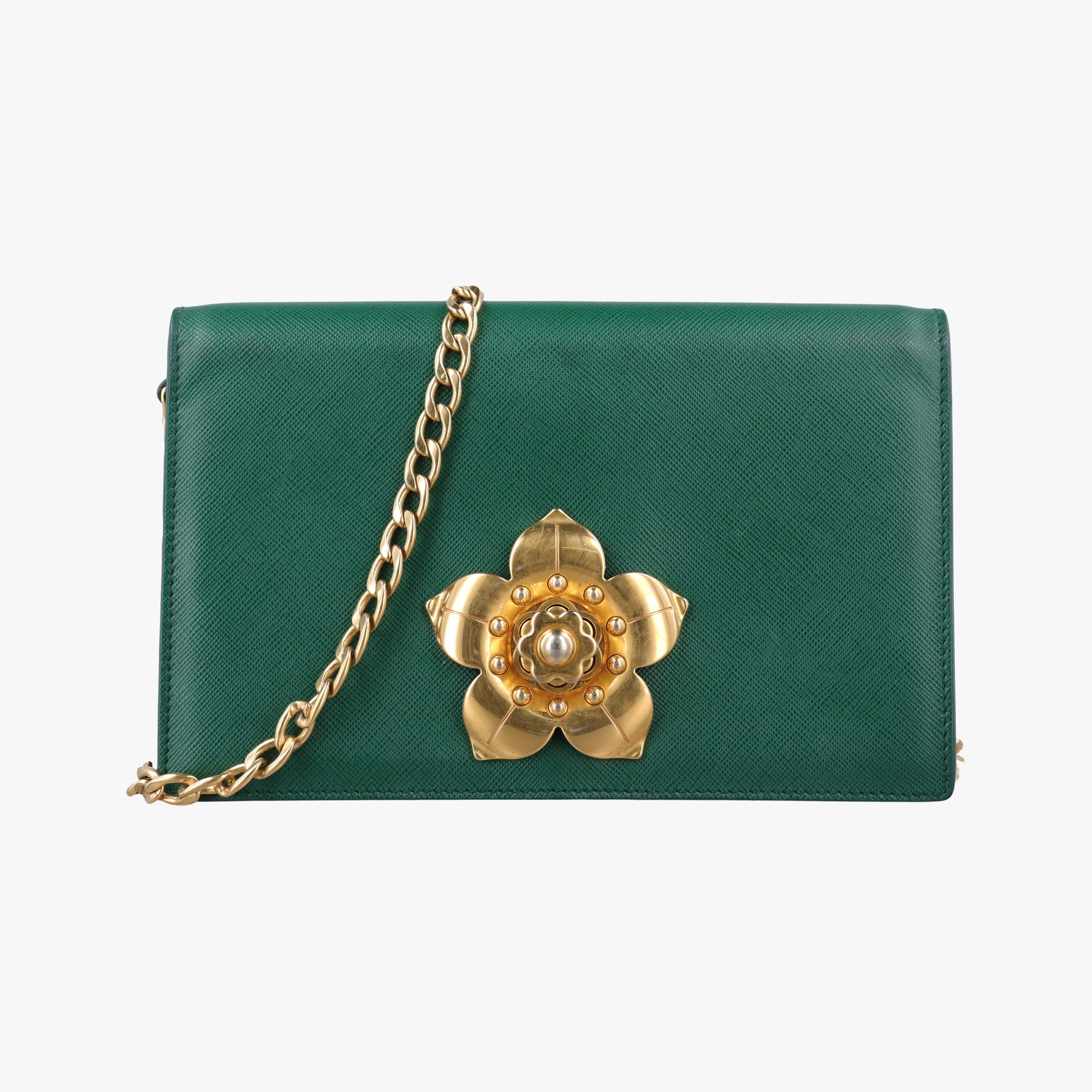 Pre-owned Prada Corole Chain Green Saffiano Leather  shoulderbag | stylenewstar