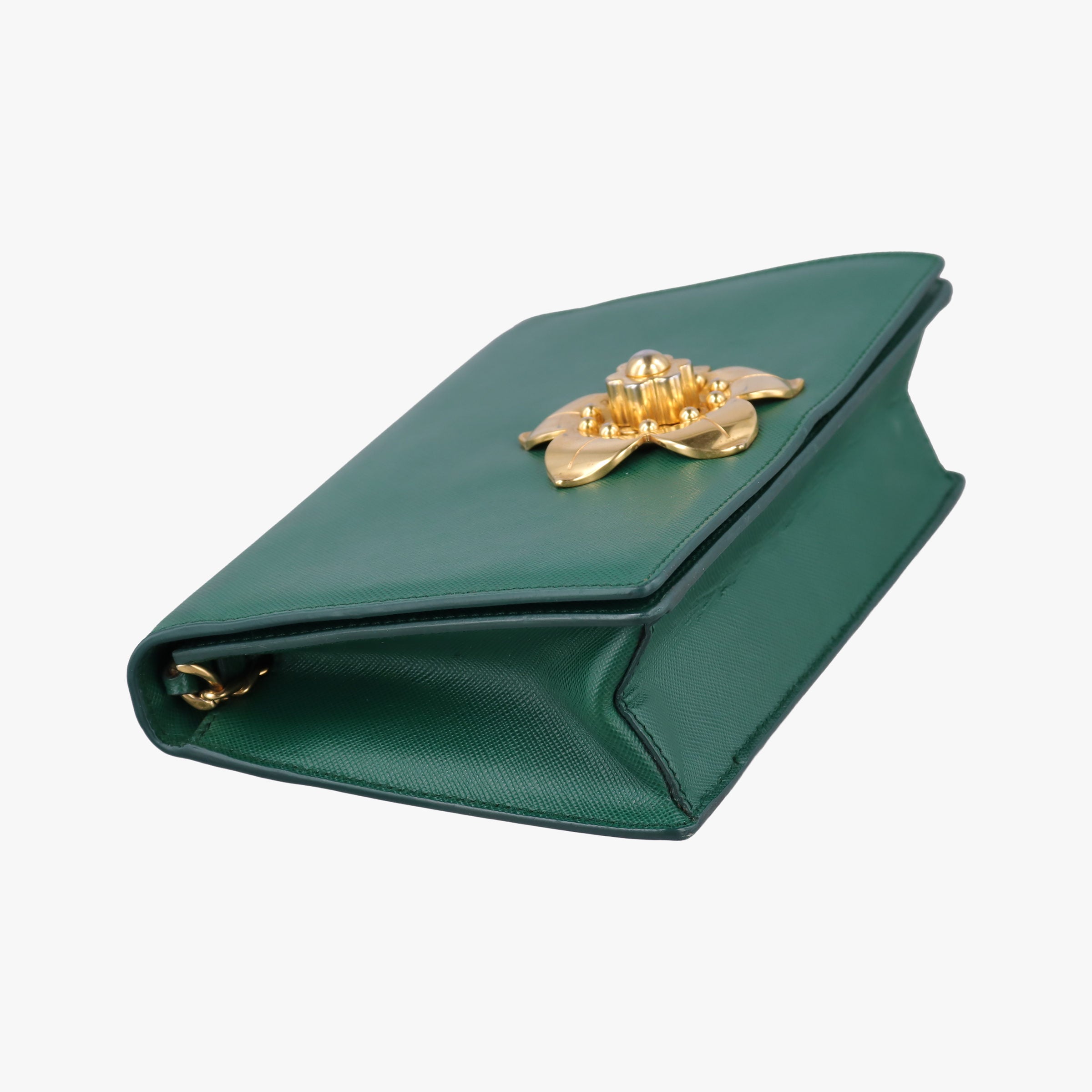 Pre-owned Prada Corole Chain Green Saffiano Leather  shoulderbag | stylenewstar