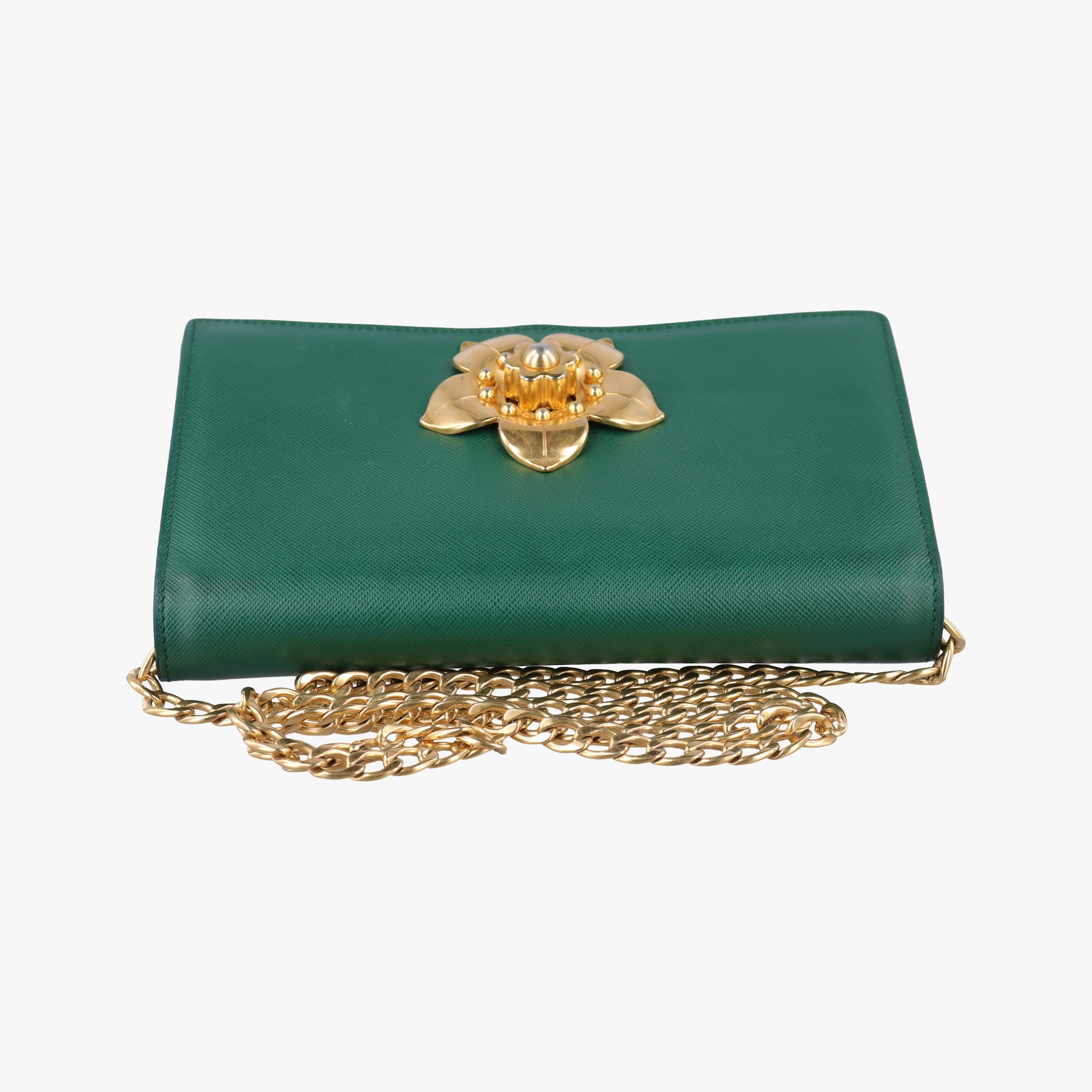 Pre-owned Prada Corole Chain Green Saffiano Leather  shoulderbag | stylenewstar