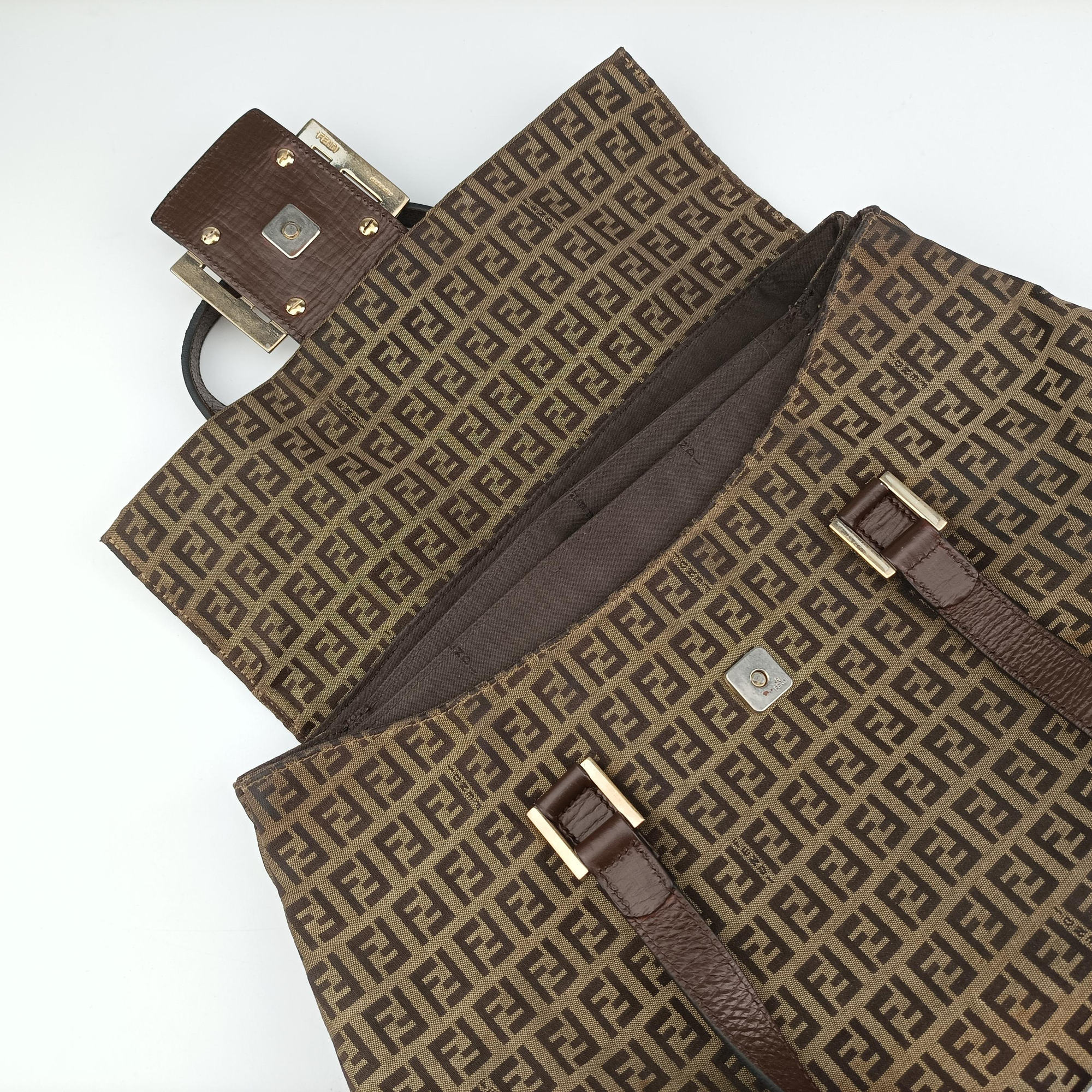 Pre-owned Fendi Zucchino Brown canvas×leather 8BN188 shoulderbag | stylenewstar