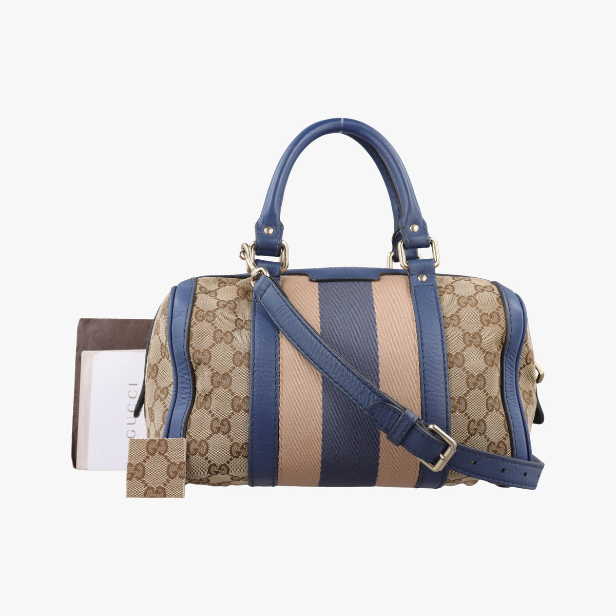 Pre-owned Gucci Sherry Line beigex blue xmulti canvas×leather 269876 shoulderbag | stylenewstar
