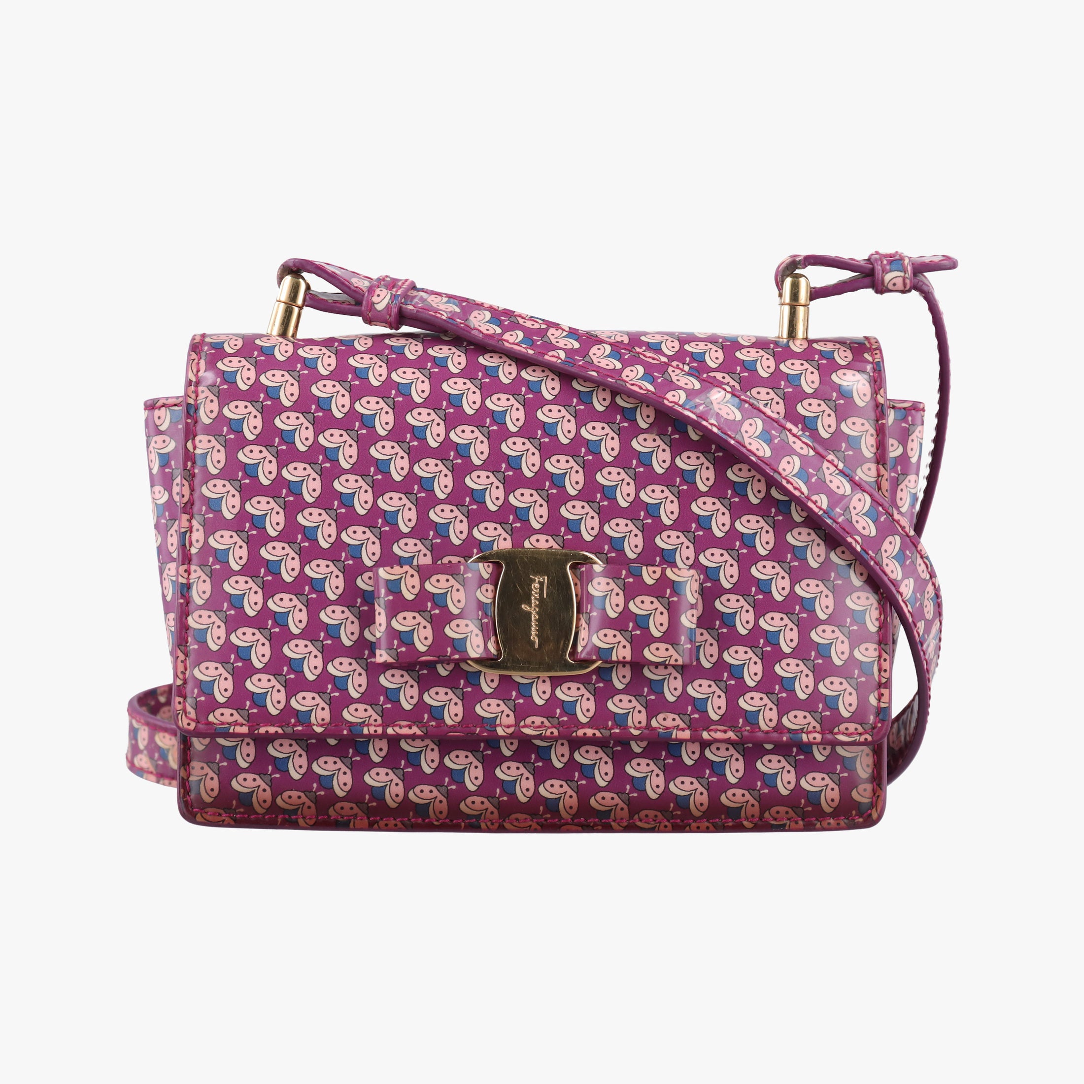 Pre-owned Ferragamo Vara zoo mini Purple×multi Patent leather  shoulderbag | stylenewstar