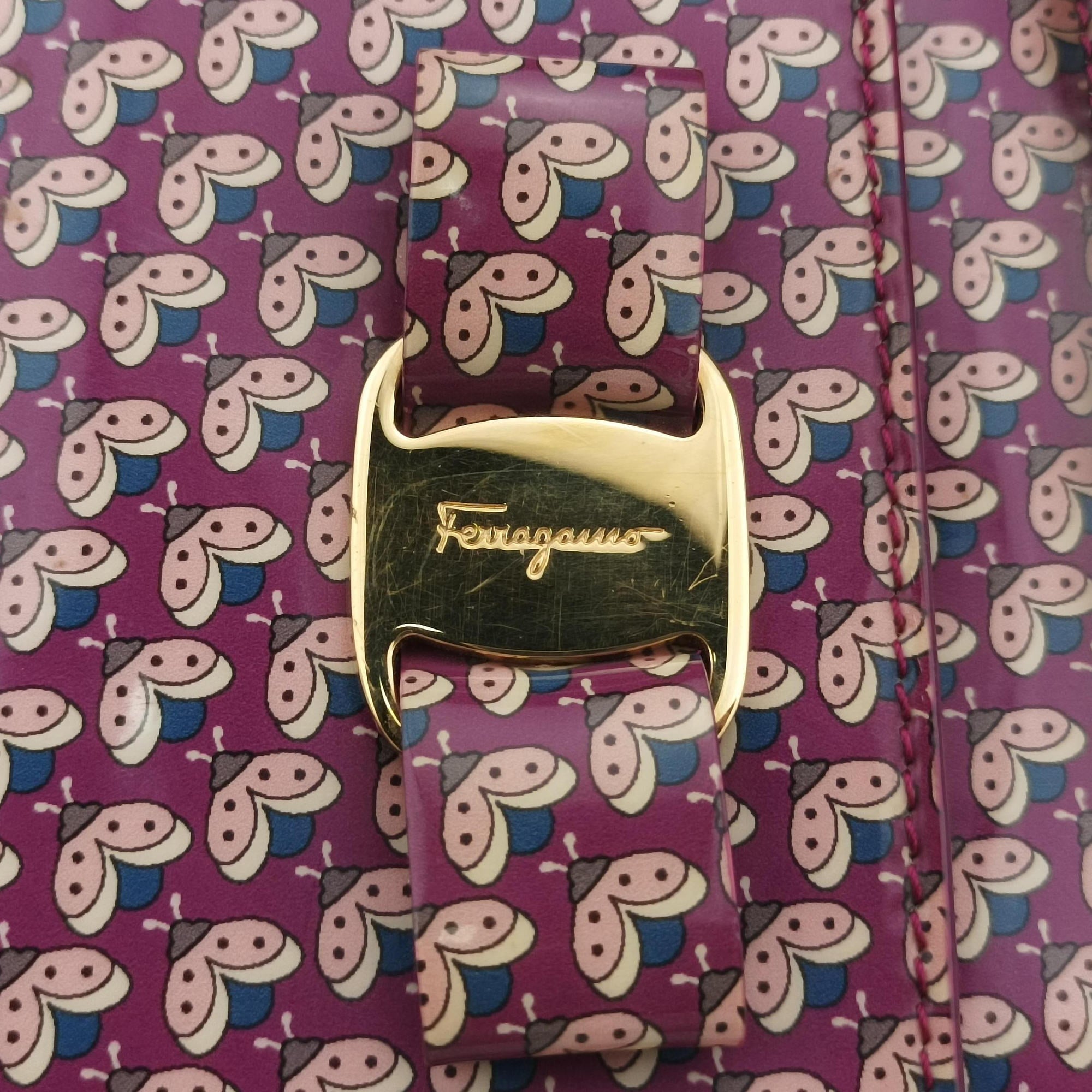 Pre-owned Ferragamo Vara zoo mini Purple×multi Patent leather  shoulderbag | stylenewstar