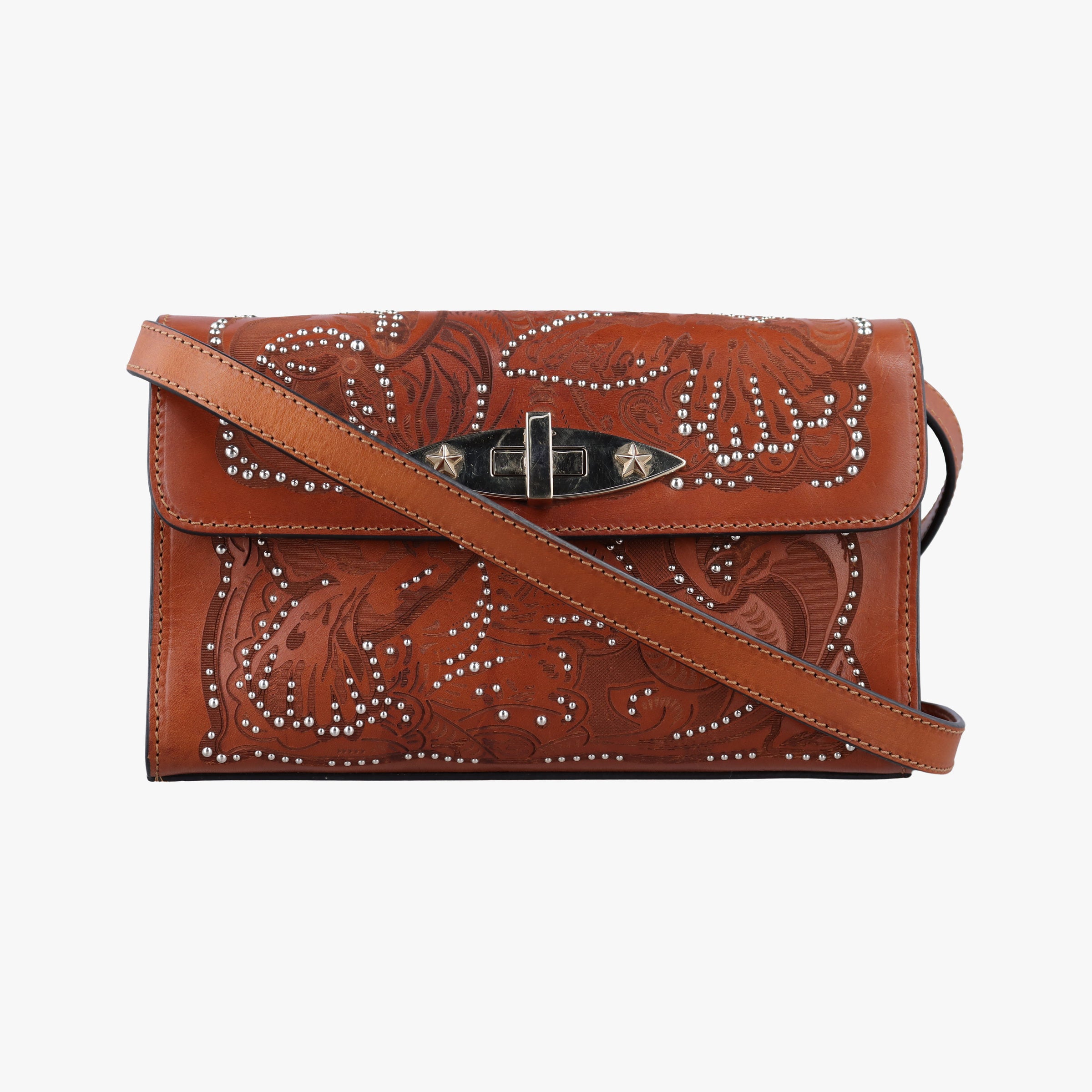 Pre-owned Red Valentino Studded Turn-Lock Brown Leather  shoulderbag | stylenewstar