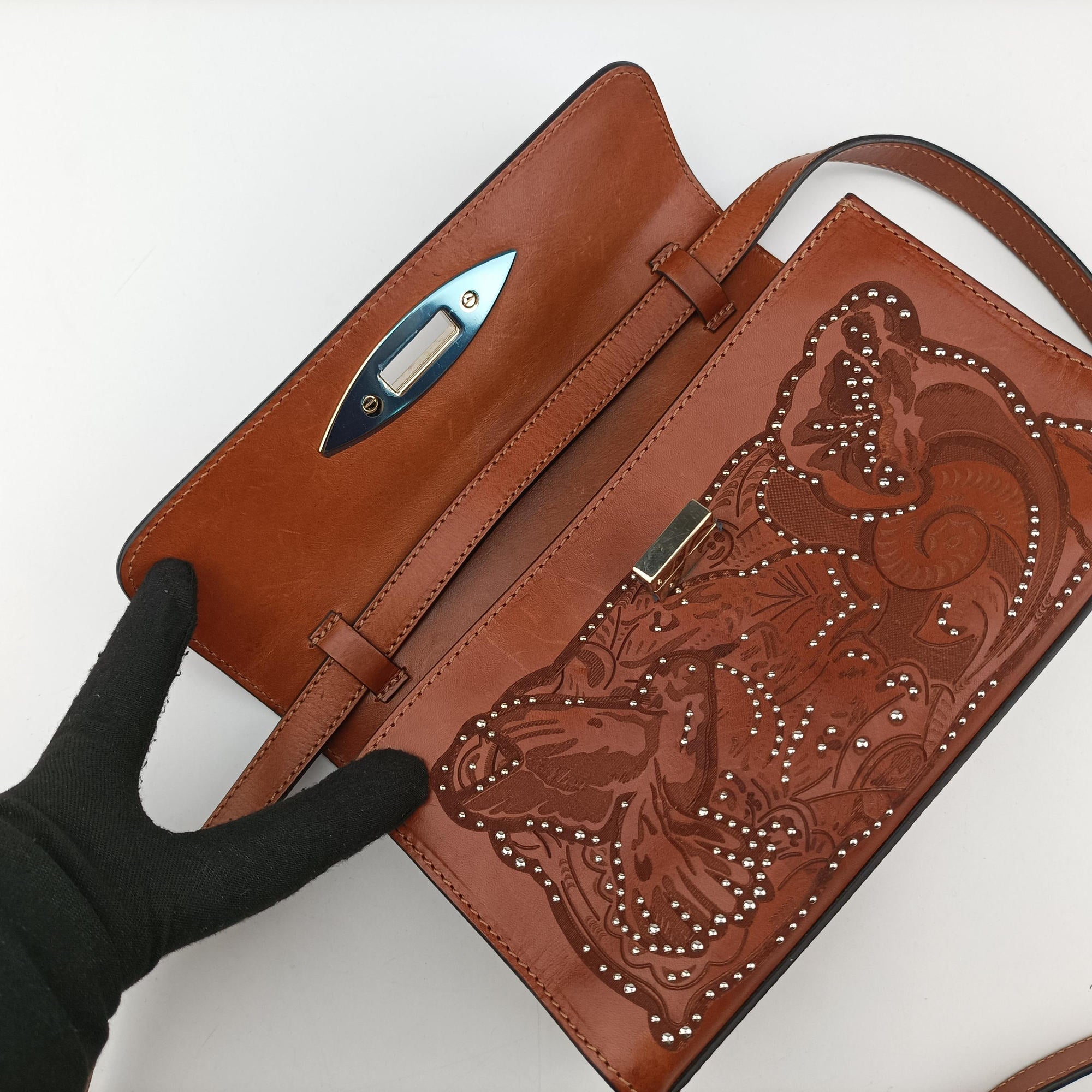 Pre-owned Red Valentino Studded Turn-Lock Brown Leather  shoulderbag | stylenewstar