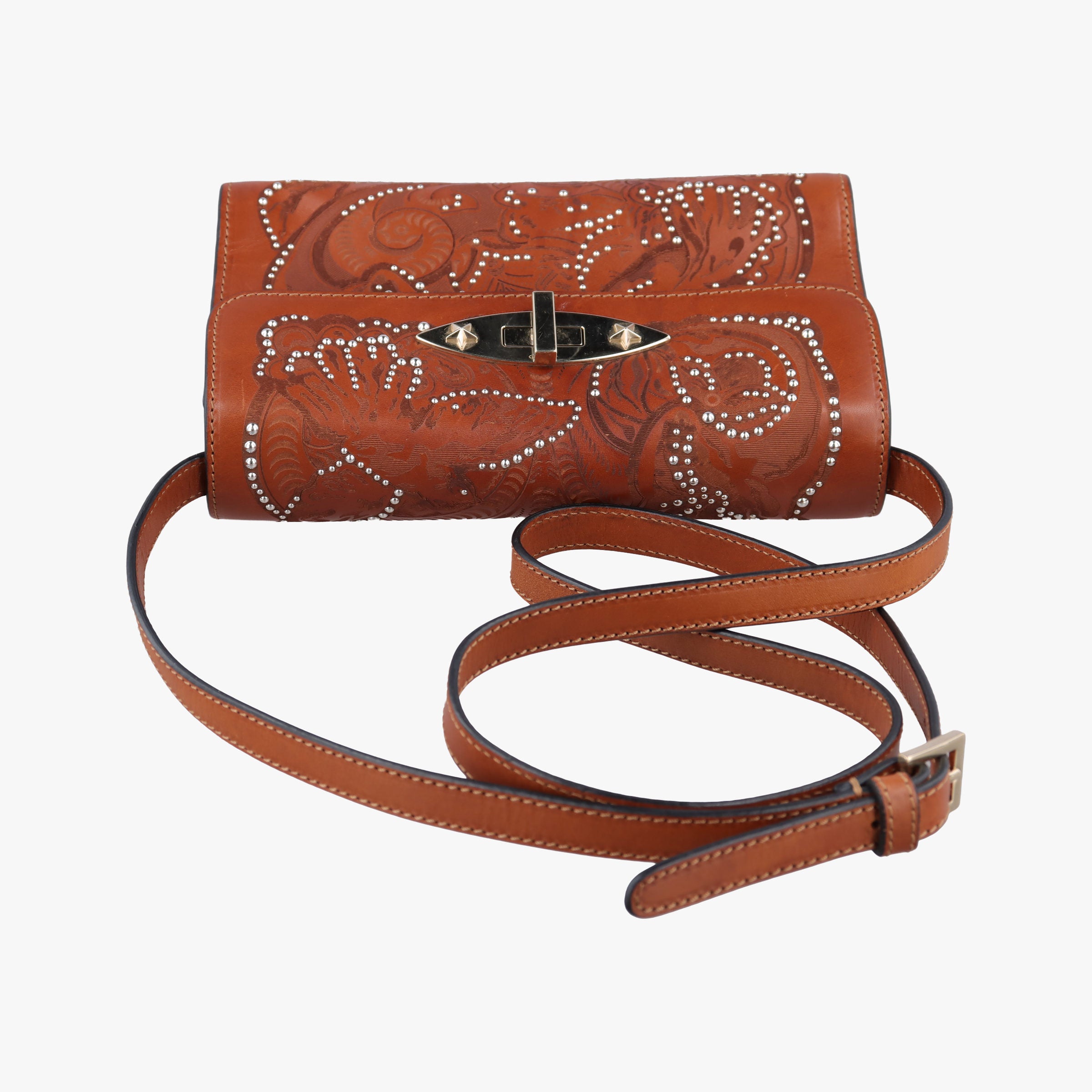 Pre-owned Red Valentino Studded Turn-Lock Brown Leather  shoulderbag | stylenewstar