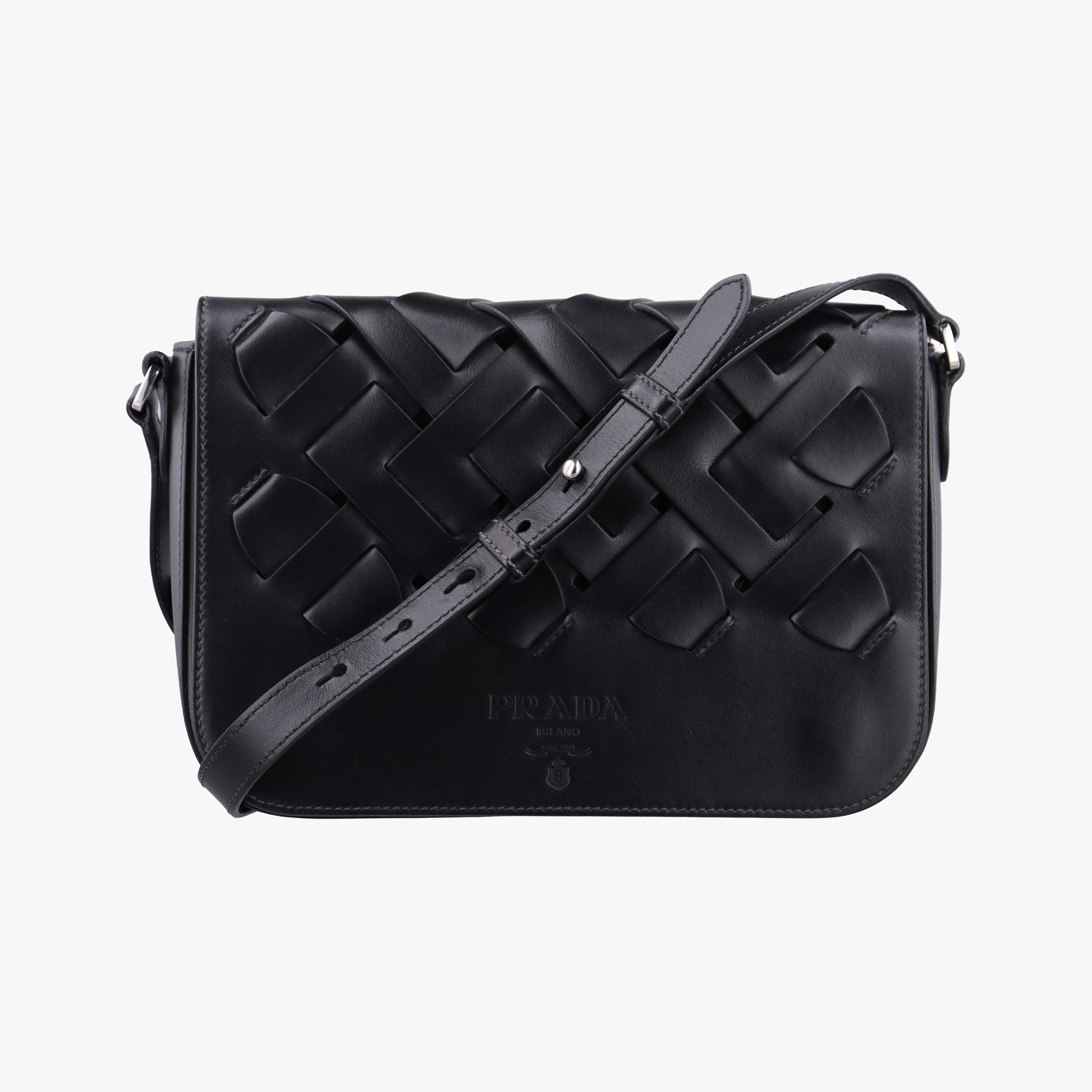 Pre-owned Prada Vitello Intreccio Tress Black Leather  shoulderbag | stylenewstar