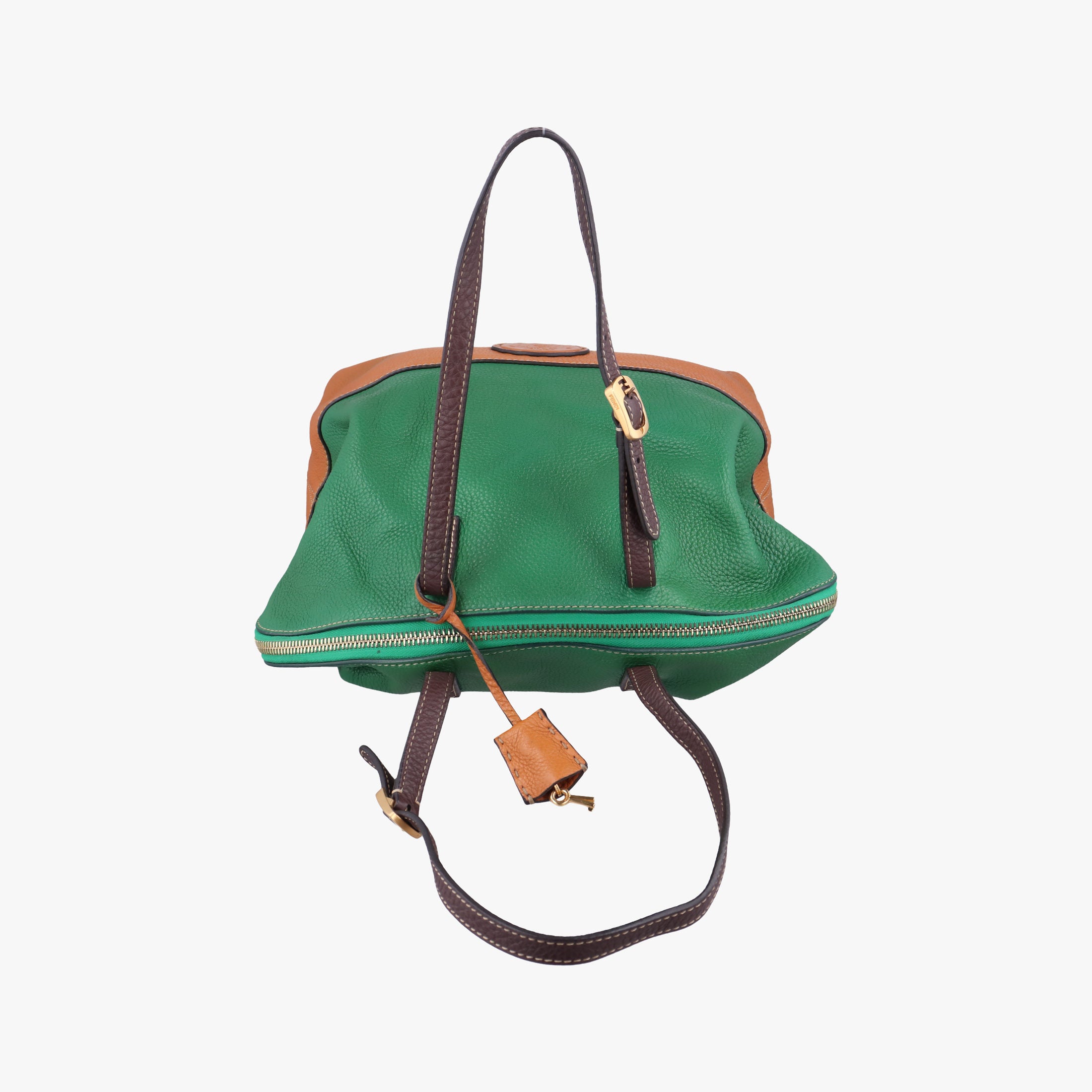 Pre-owned Fendi Two Tone Green × Brown Leather 8BN232 handbag | stylenewstar