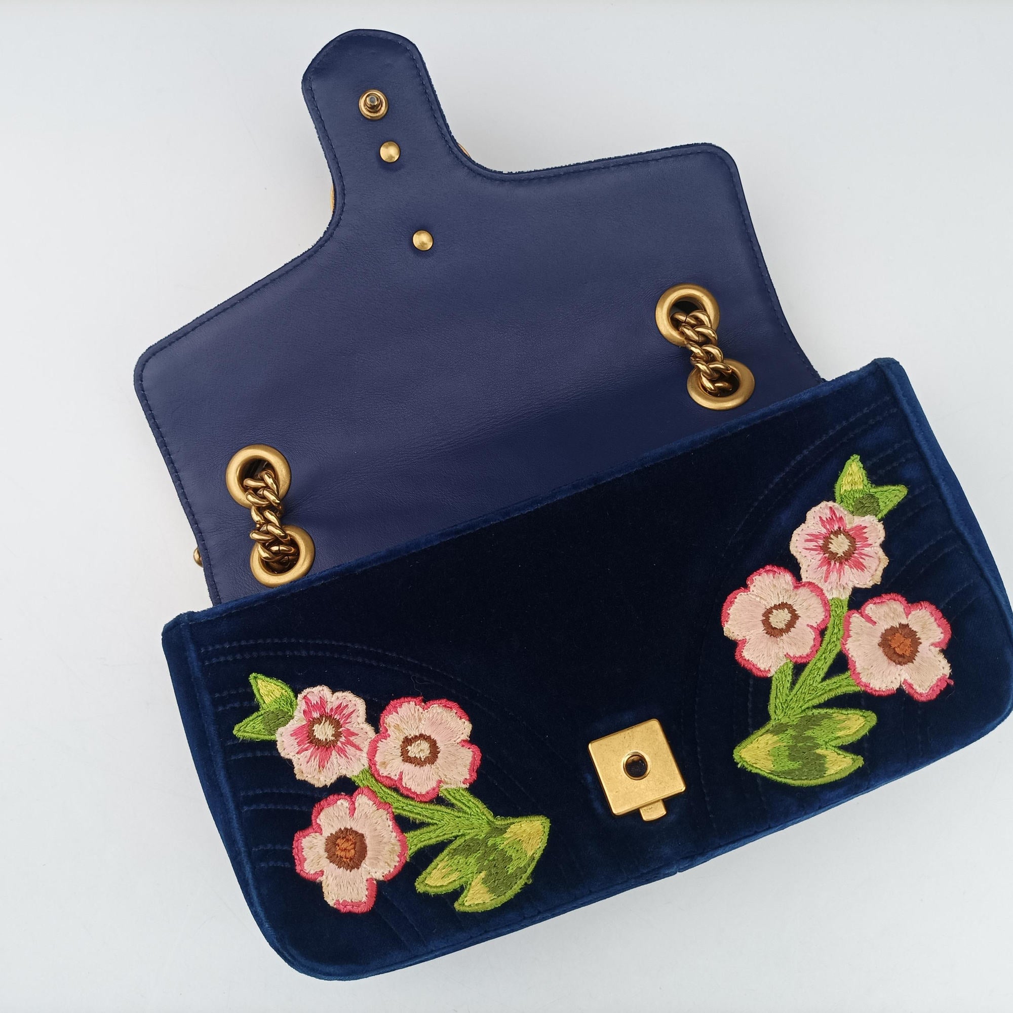 Pre-owned Gucci GG Marmont Navy×Multicolour velour 443497 shoulderbag | stylenewstar