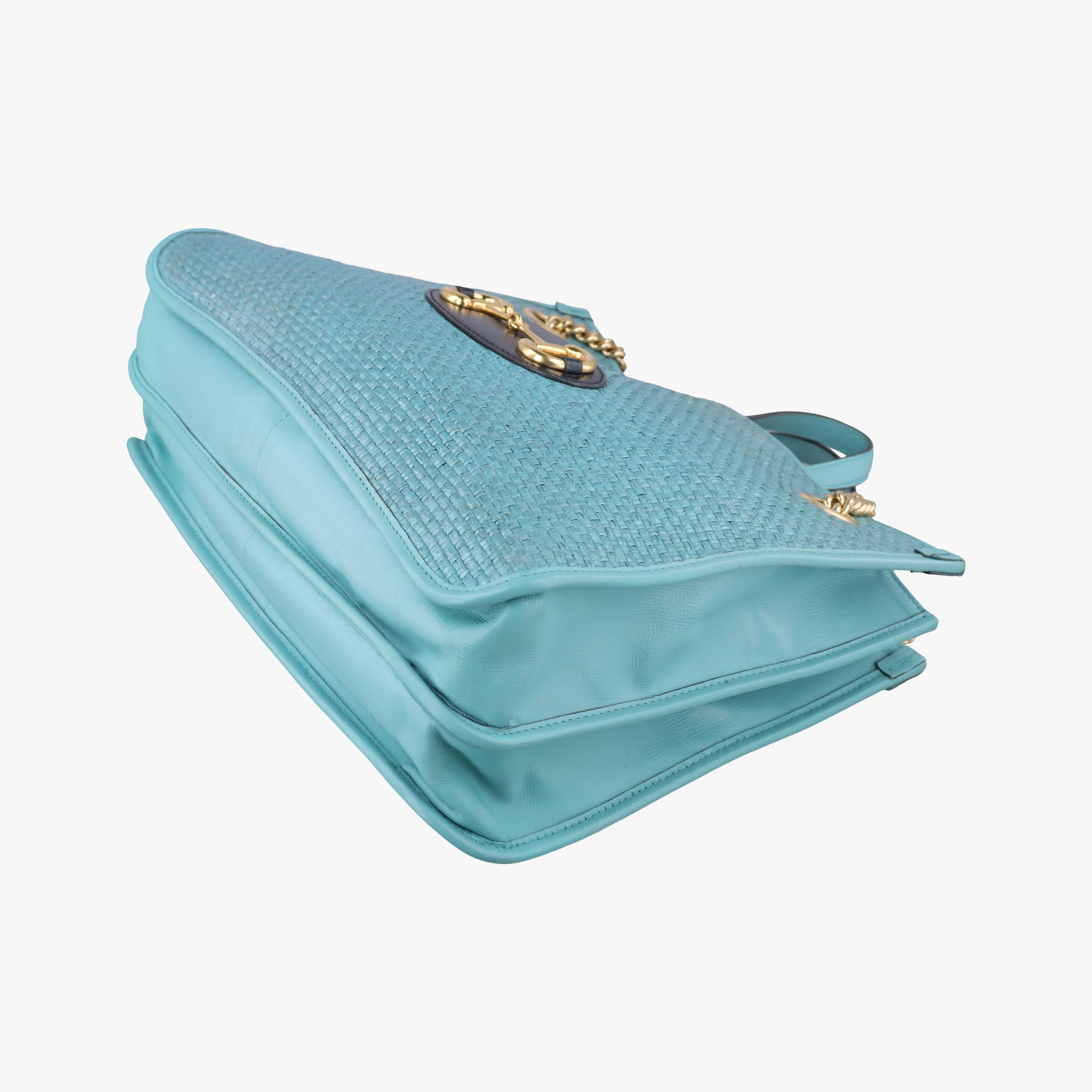 Pre-owned Gucci HORSEBIT 1955 Blue Leather × Straw 621144 shoulderbag | stylenewstar