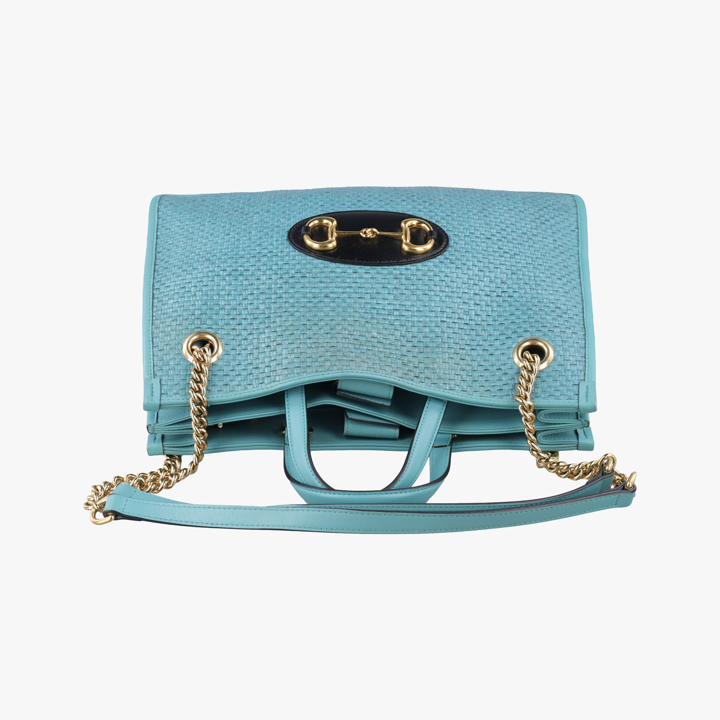 Pre-owned Gucci HORSEBIT 1955 Blue Leather × Straw 621144 shoulderbag | stylenewstar