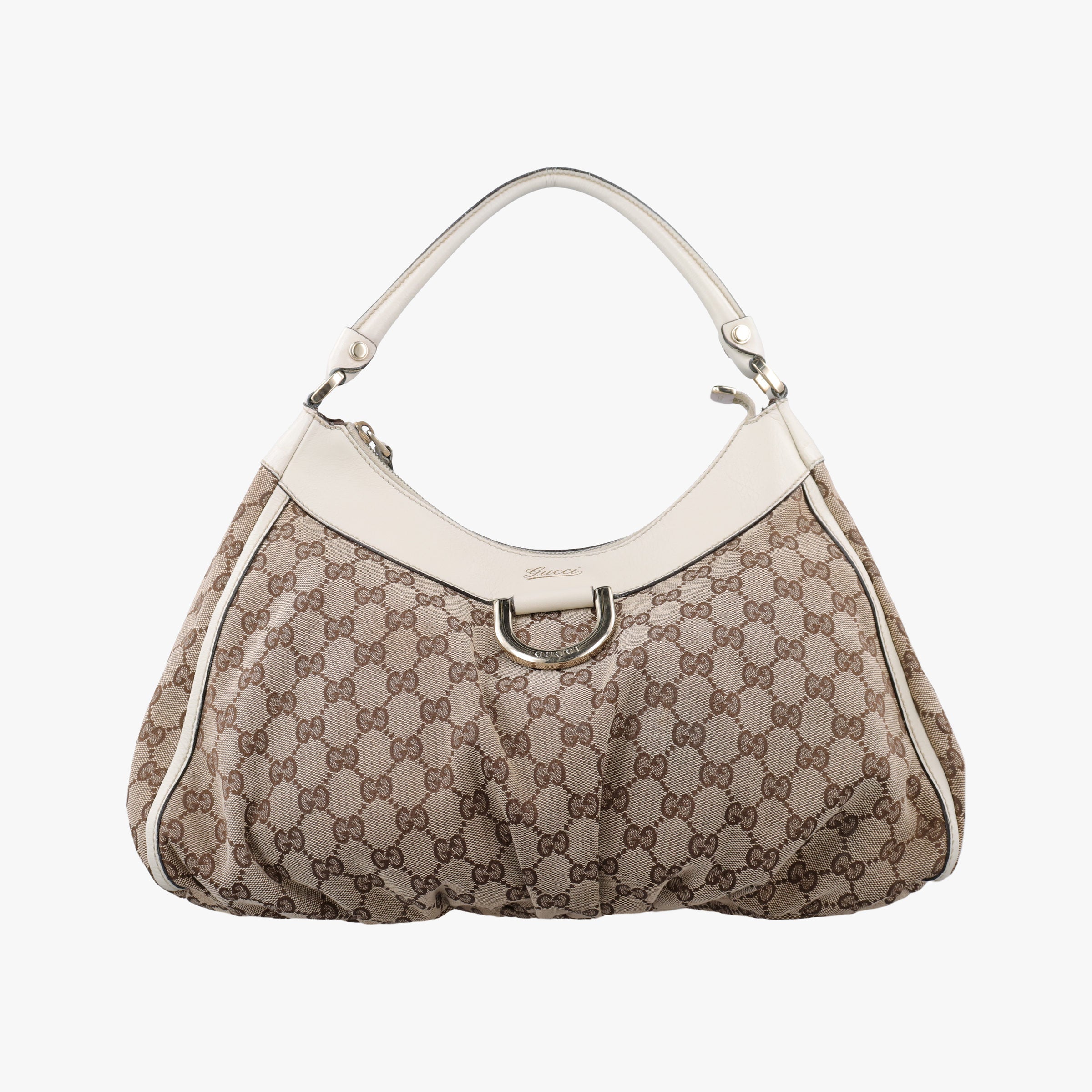 Pre-owned Gucci Abbey D-ring Hobo Beige×White canvas×leather 189833 handbag | stylenewstar