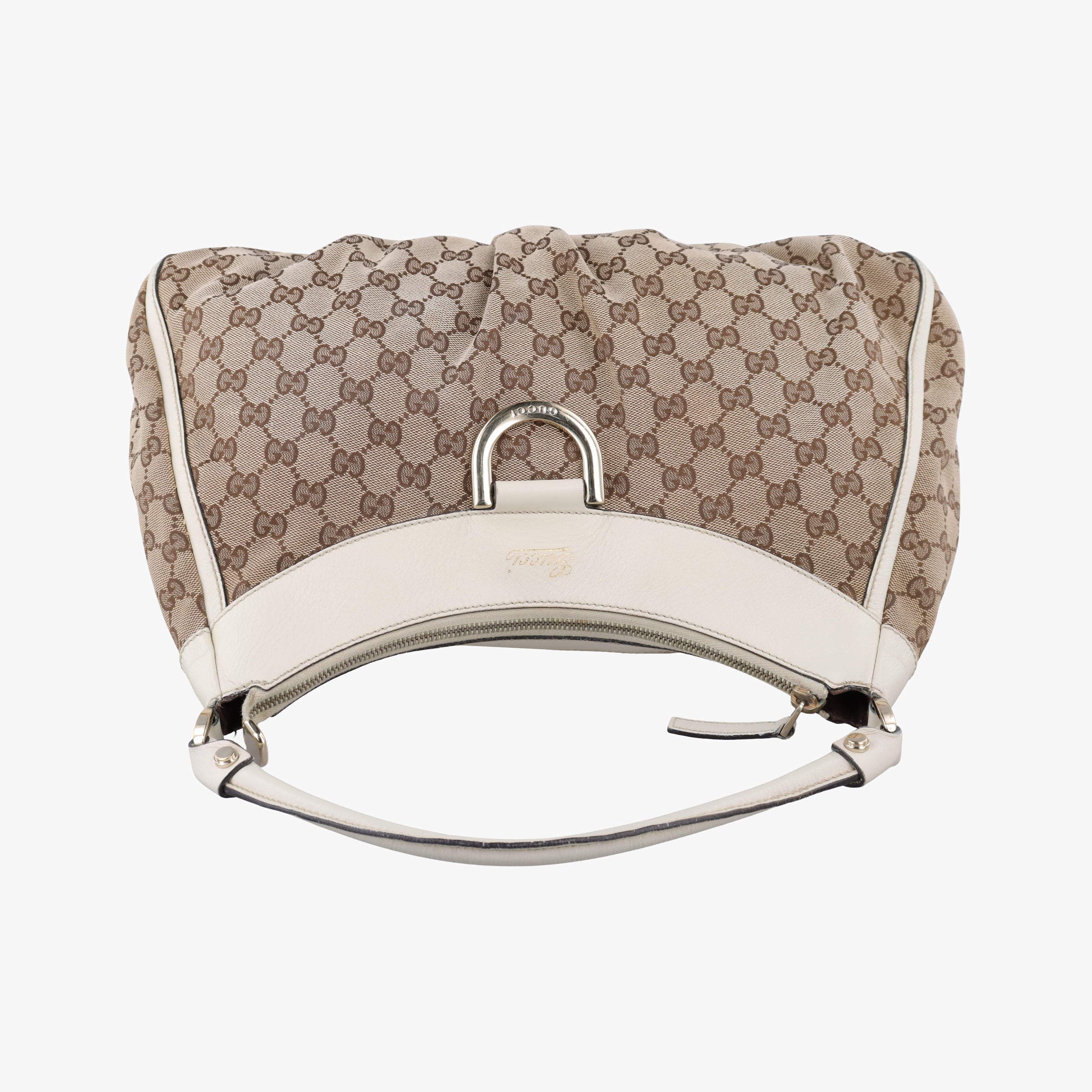 Pre-owned Gucci Abbey D-ring Hobo Beige×White canvas×leather 189833 handbag | stylenewstar