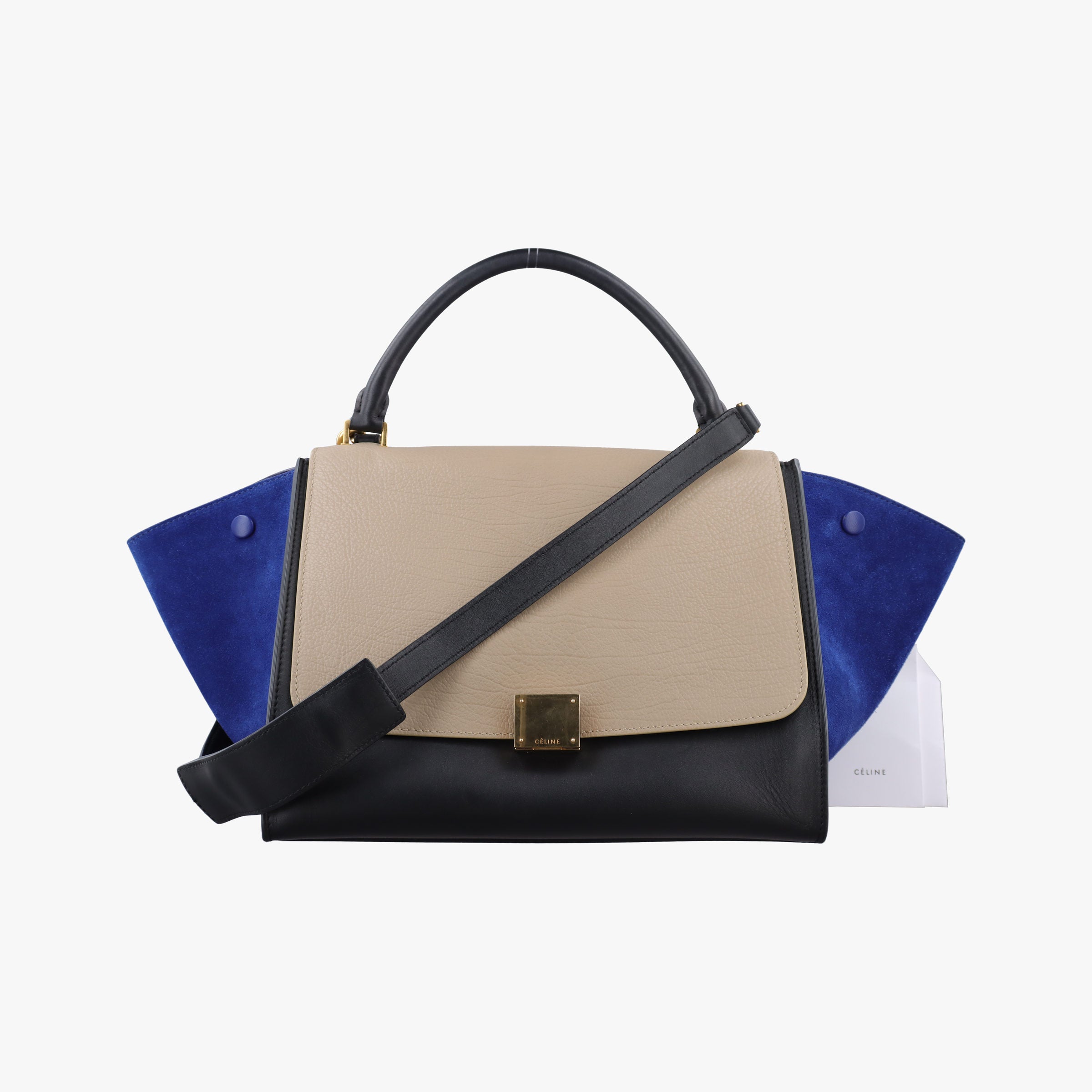 Pre-owned Celine Trapeze Beige×black×blue Suede × leather  shoulderbag | stylenewstar