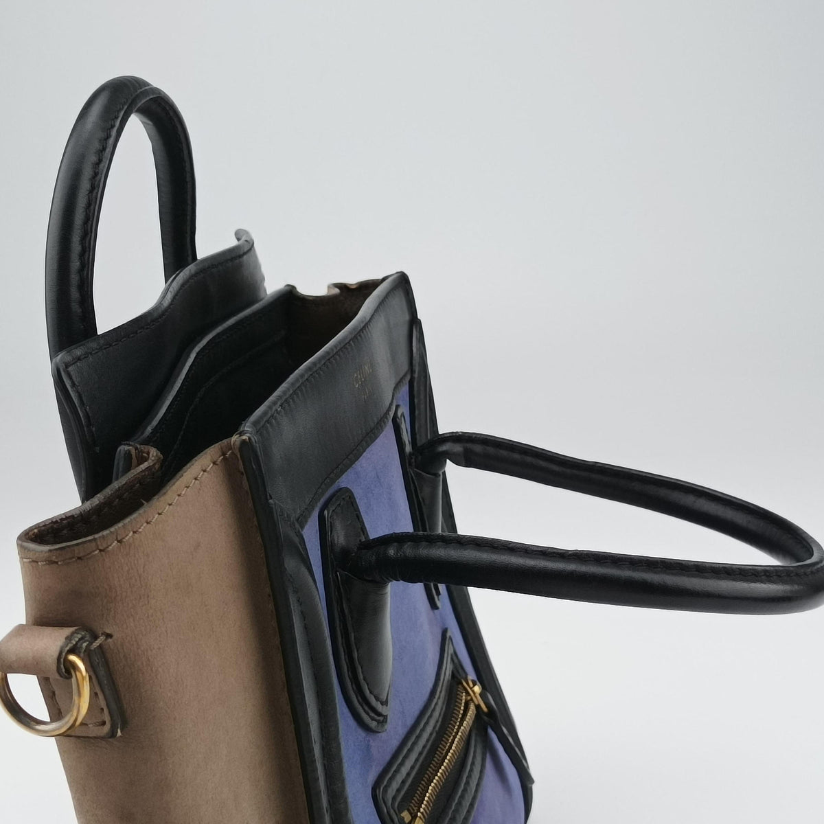 Vintage Celine luggage nano shopper Blue×Black×Beige Leather×Suede  shoulderbag | stylenewstar