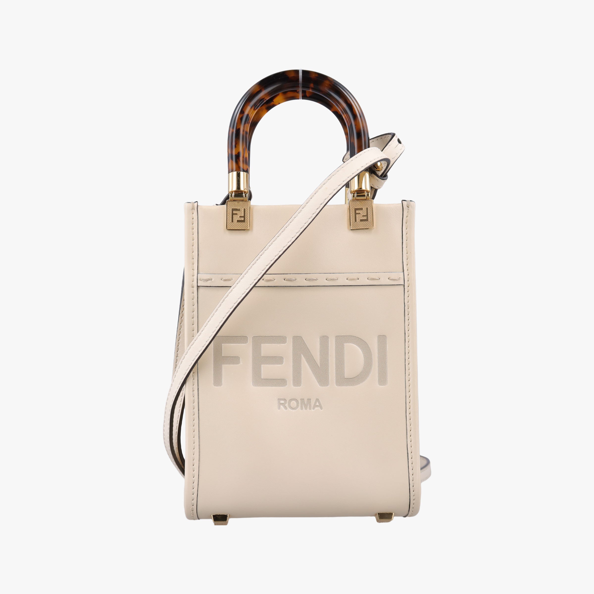Pre-owned Fendi MINI SUNSHINE SHOPPER Beige Leather 8BS051 shoulderbag | stylenewstar
