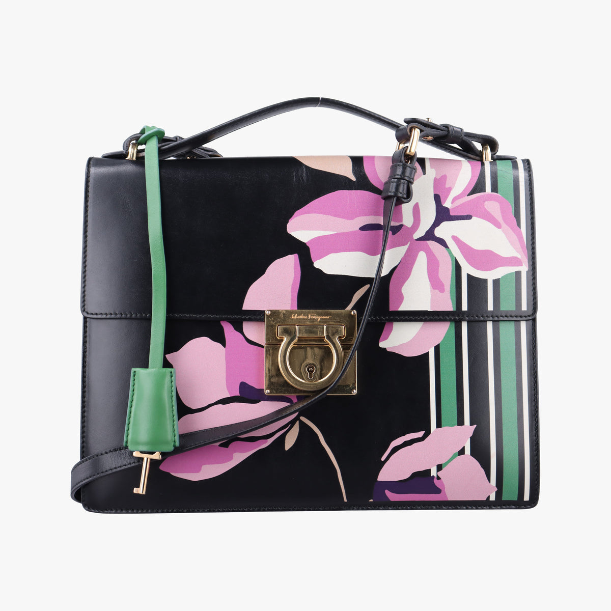 Vintage Ferragamo Marisol Floral Print Black x Multicolour Leather  shoulderbag | stylenewstar