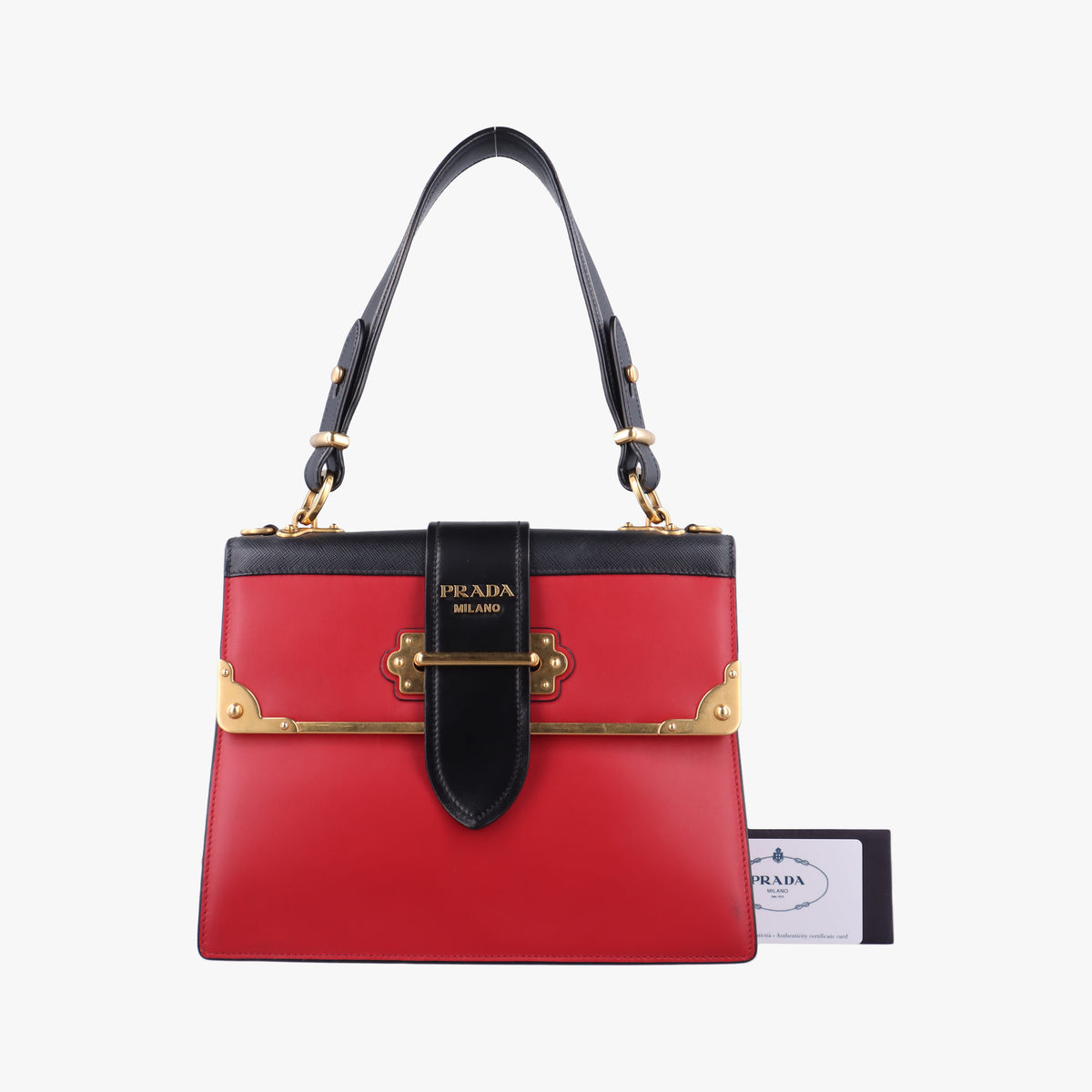 Pre-owned Prada Cahier Red×Black Leather 1BA070 handbag | stylenewstar