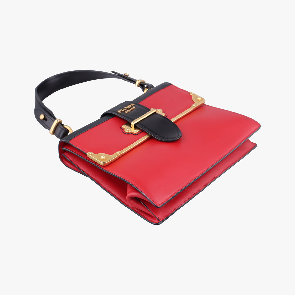 Pre-owned Prada Cahier Red×Black Leather 1BA070 handbag | stylenewstar