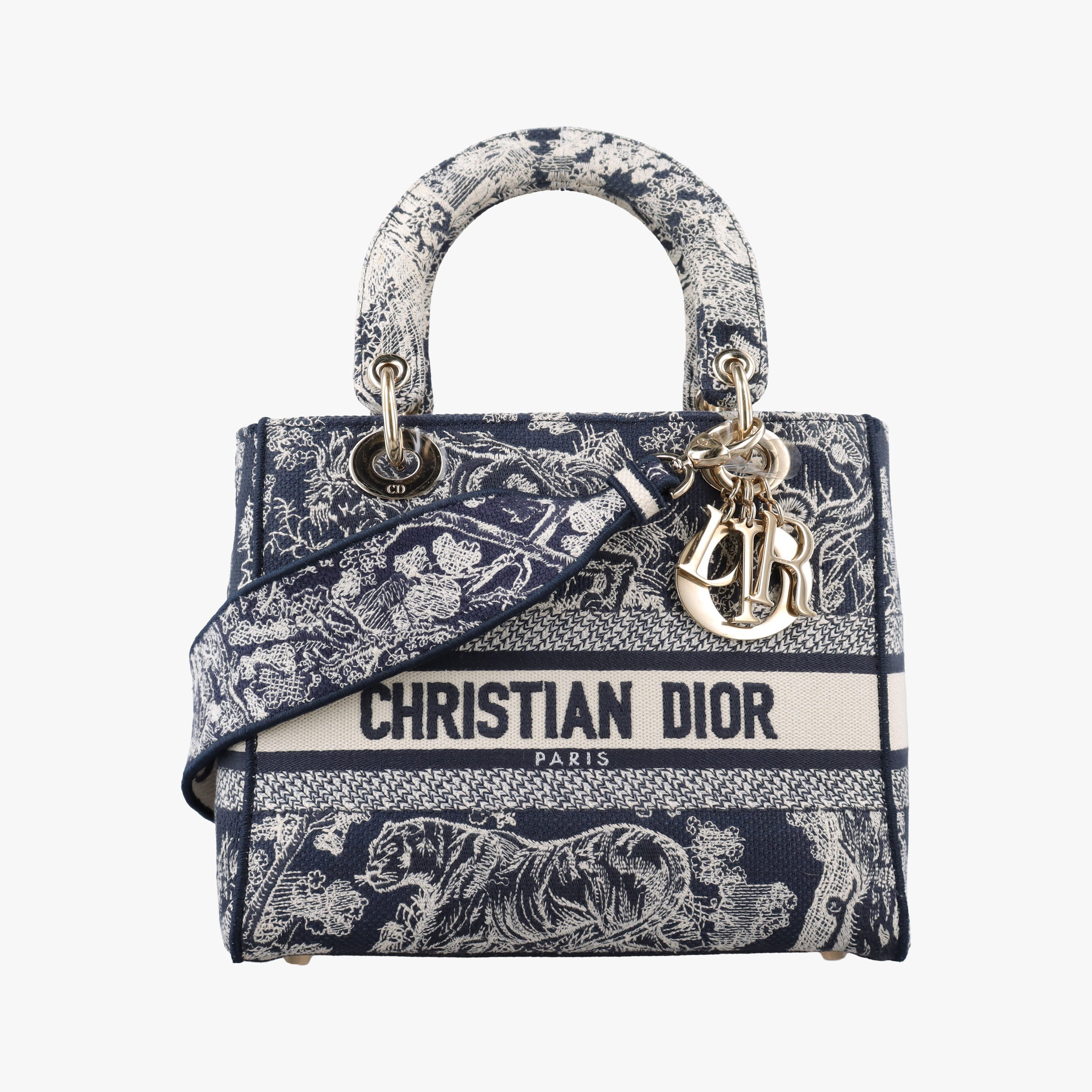 Pre-owned Christian Dior D-Lite Medium Royaume Navy Jacquard  shoulderbag | stylenewstar