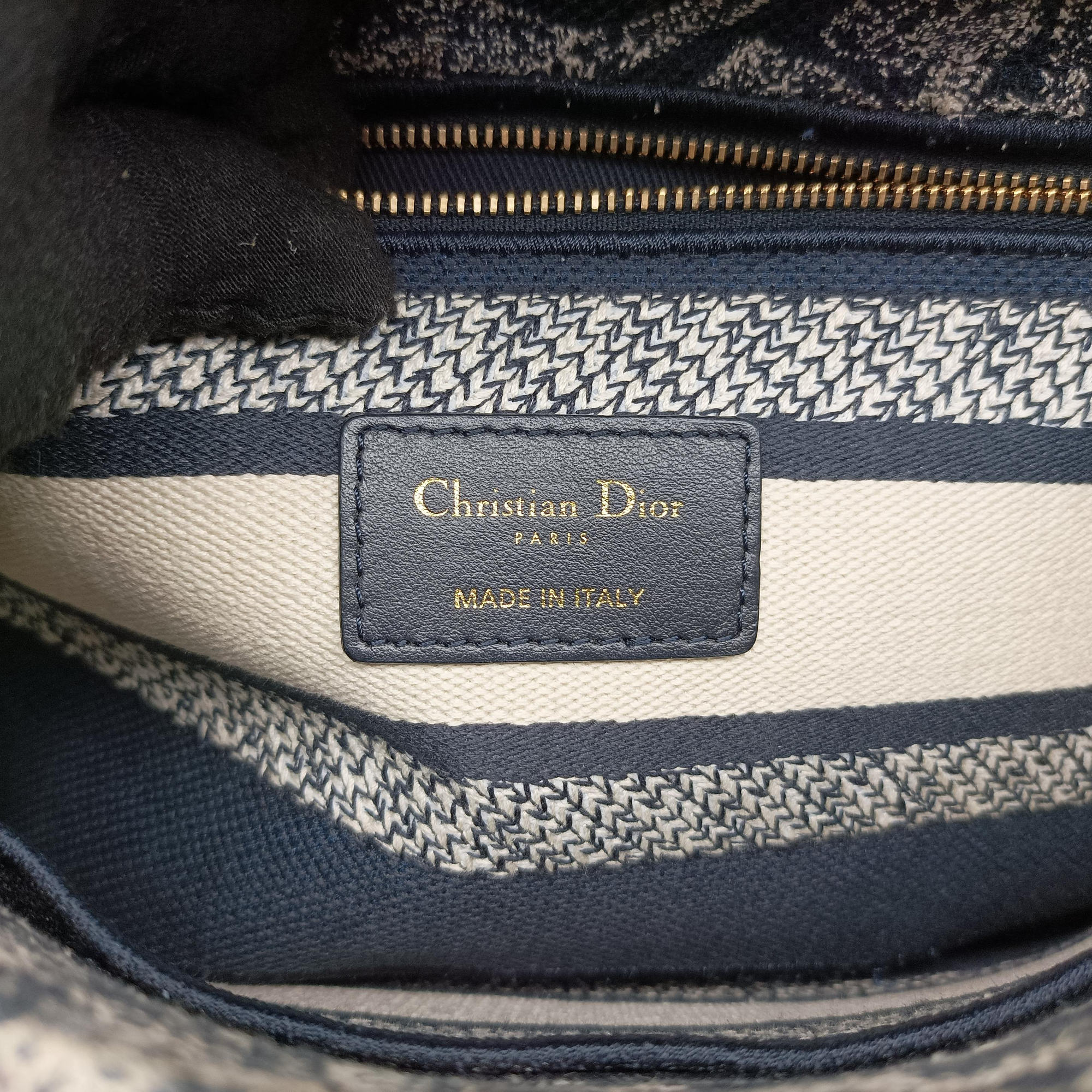 Pre-owned Christian Dior D-Lite Medium Royaume Navy Jacquard  shoulderbag | stylenewstar