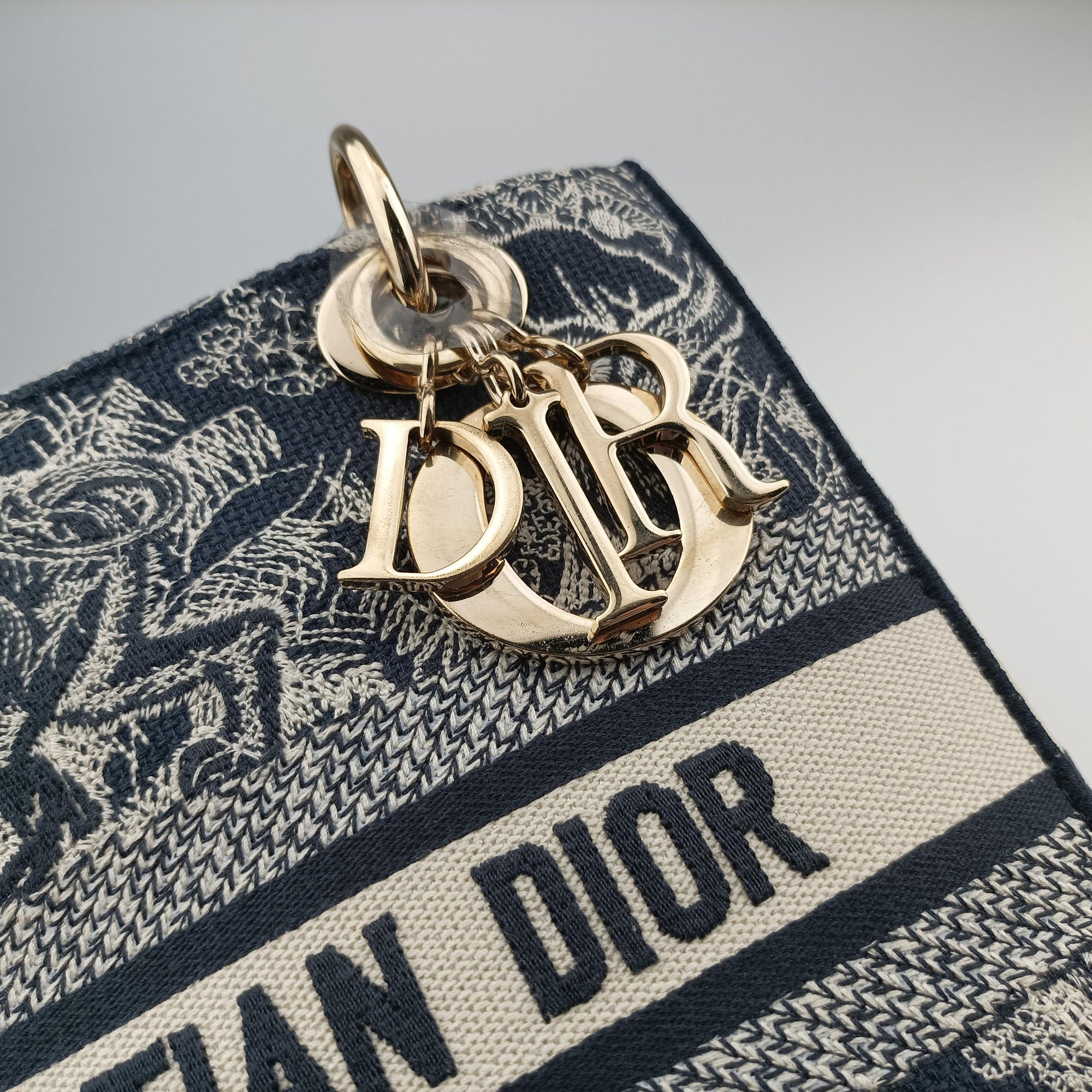 Pre-owned Christian Dior D-Lite Medium Royaume Navy Jacquard  shoulderbag | stylenewstar