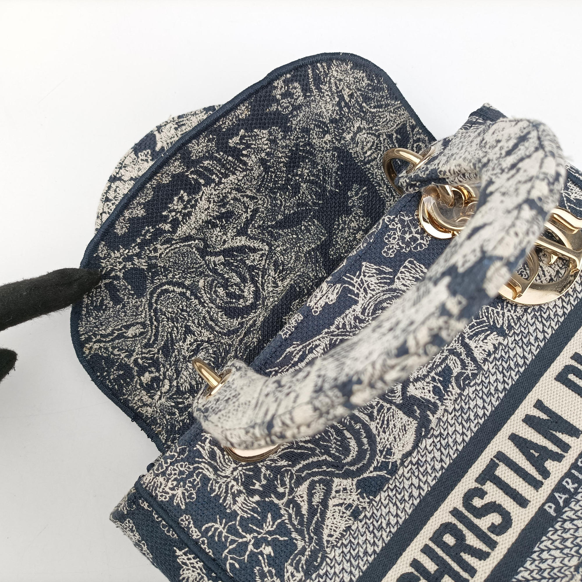 Pre-owned Christian Dior D-Lite Medium Royaume Navy Jacquard  shoulderbag | stylenewstar