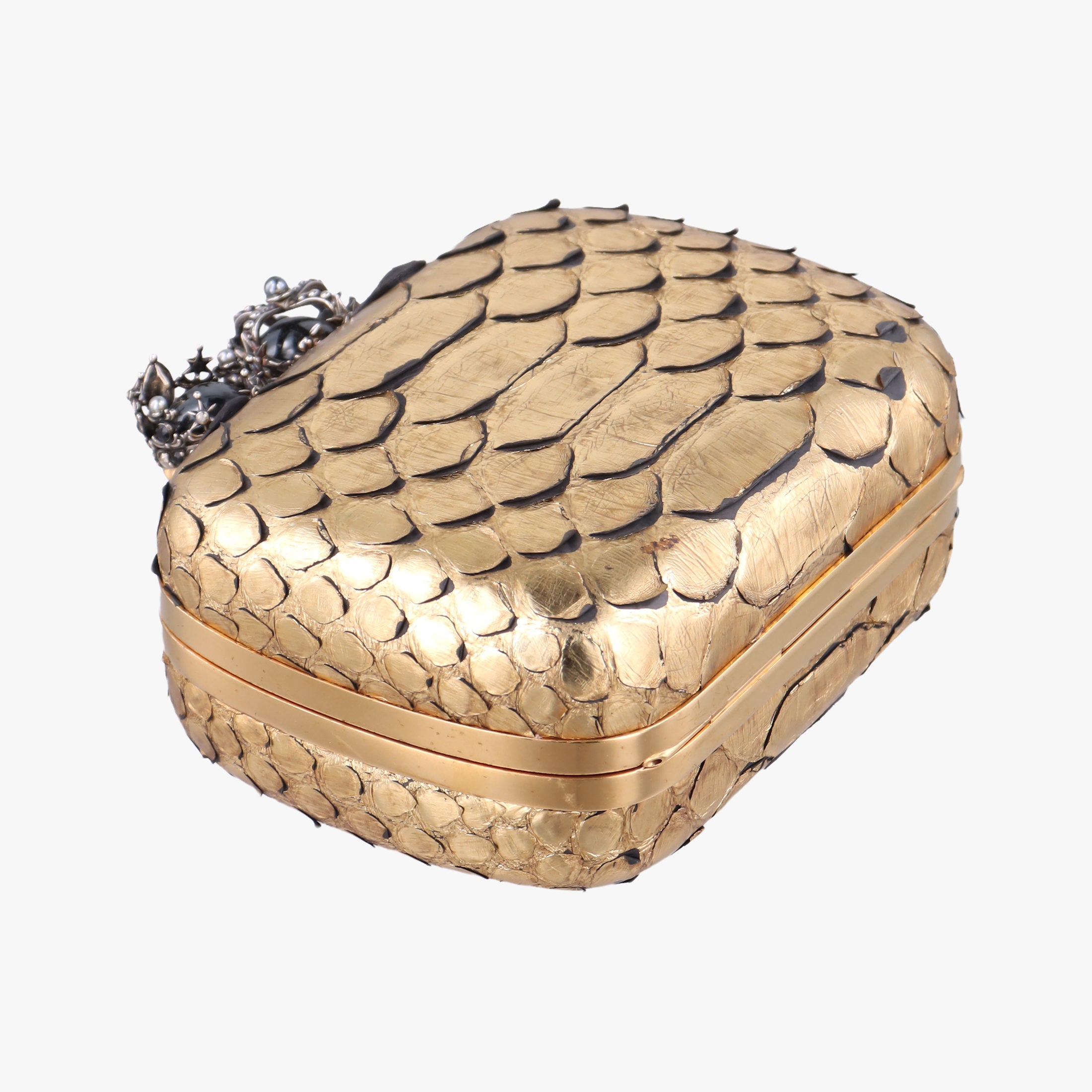 Pre-owned Alexander McQueen Skull box Golden Python  clutchbag | stylenewstar
