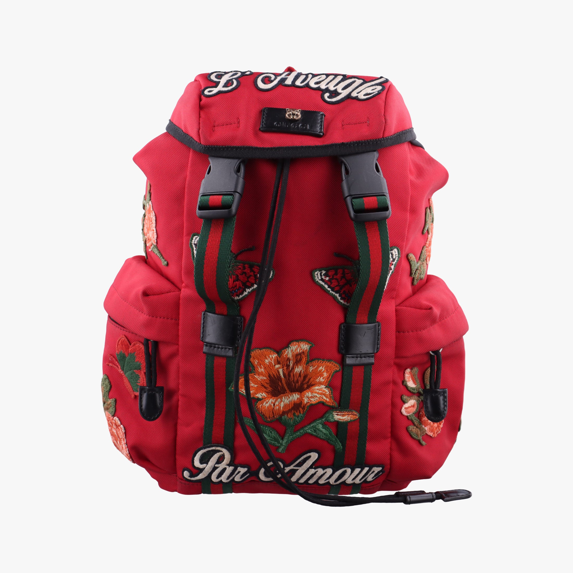 Pre-owned Gucci Techno Vintage Web L'Aveugle Par Amour Embroidered Red canvas 478327 backpack/rucksack | stylenewstar