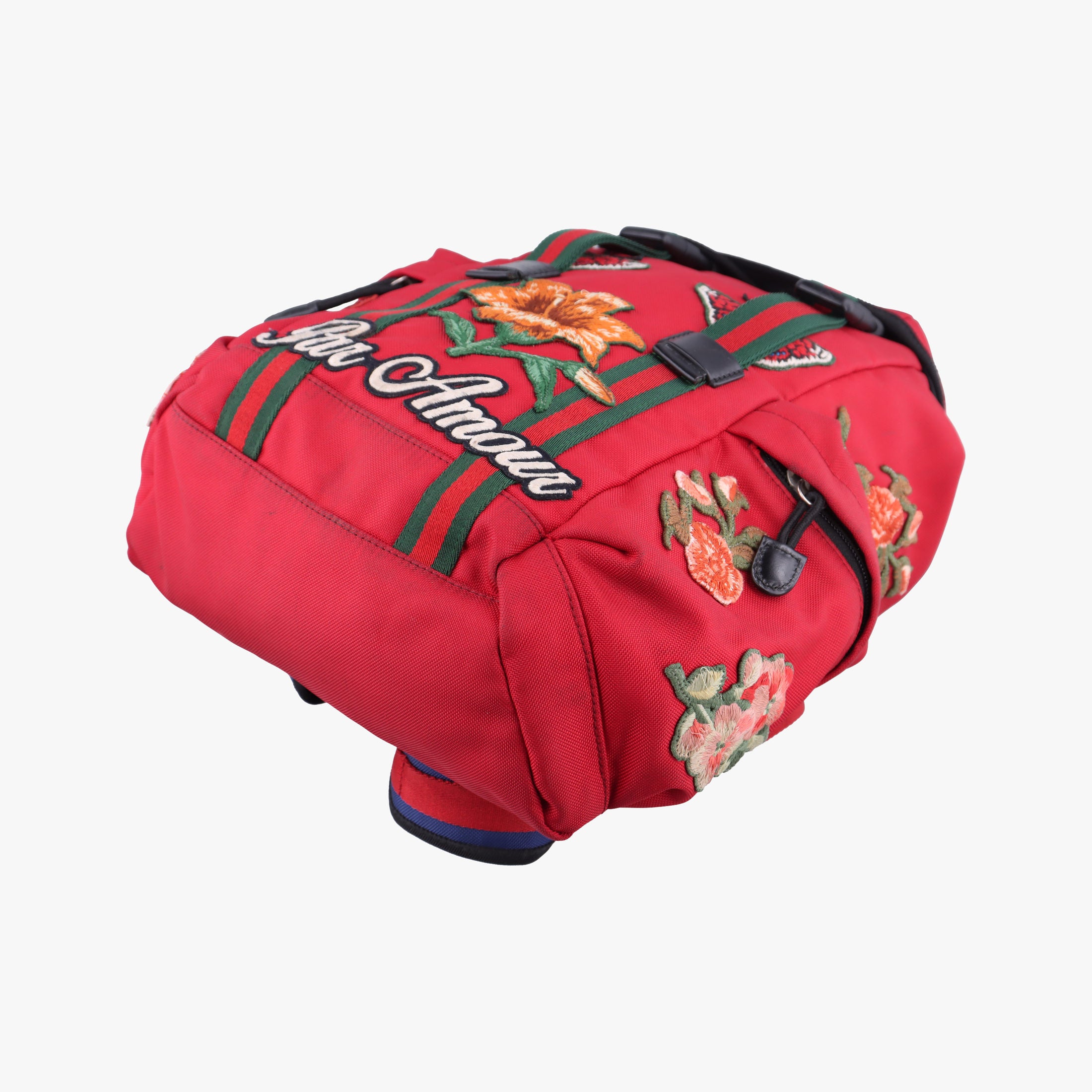 Pre-owned Gucci Techno Vintage Web L'Aveugle Par Amour Embroidered Red canvas 478327 backpack/rucksack | stylenewstar