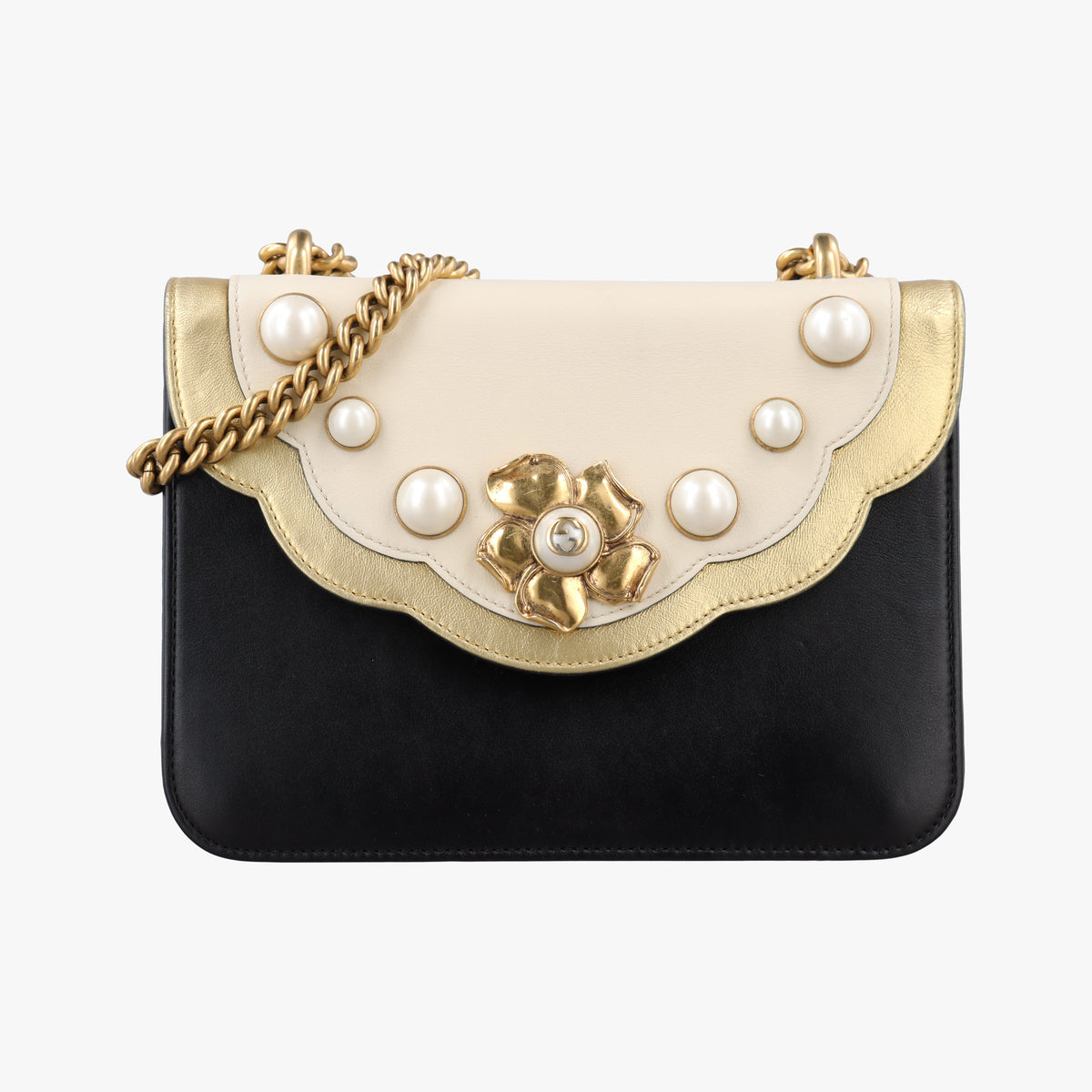 Pre-owned Gucci Pearly Peony Black×White×Gold Leather 432282 shoulderbag | stylenewstar