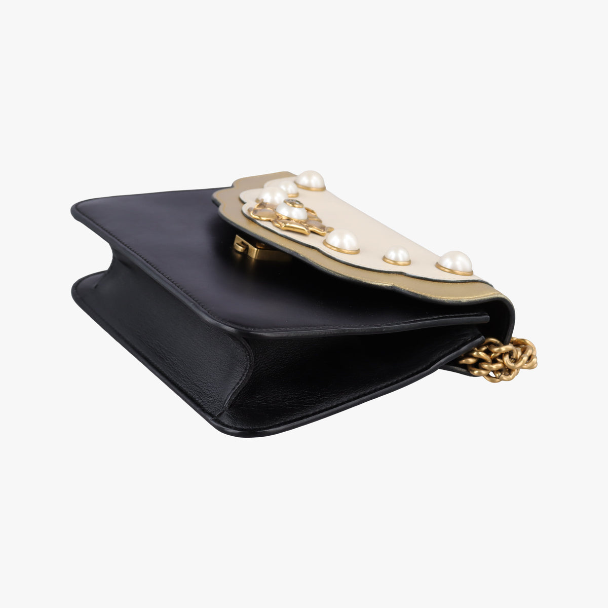 Pre-owned Gucci Pearly Peony Black×White×Gold Leather 432282 shoulderbag | stylenewstar