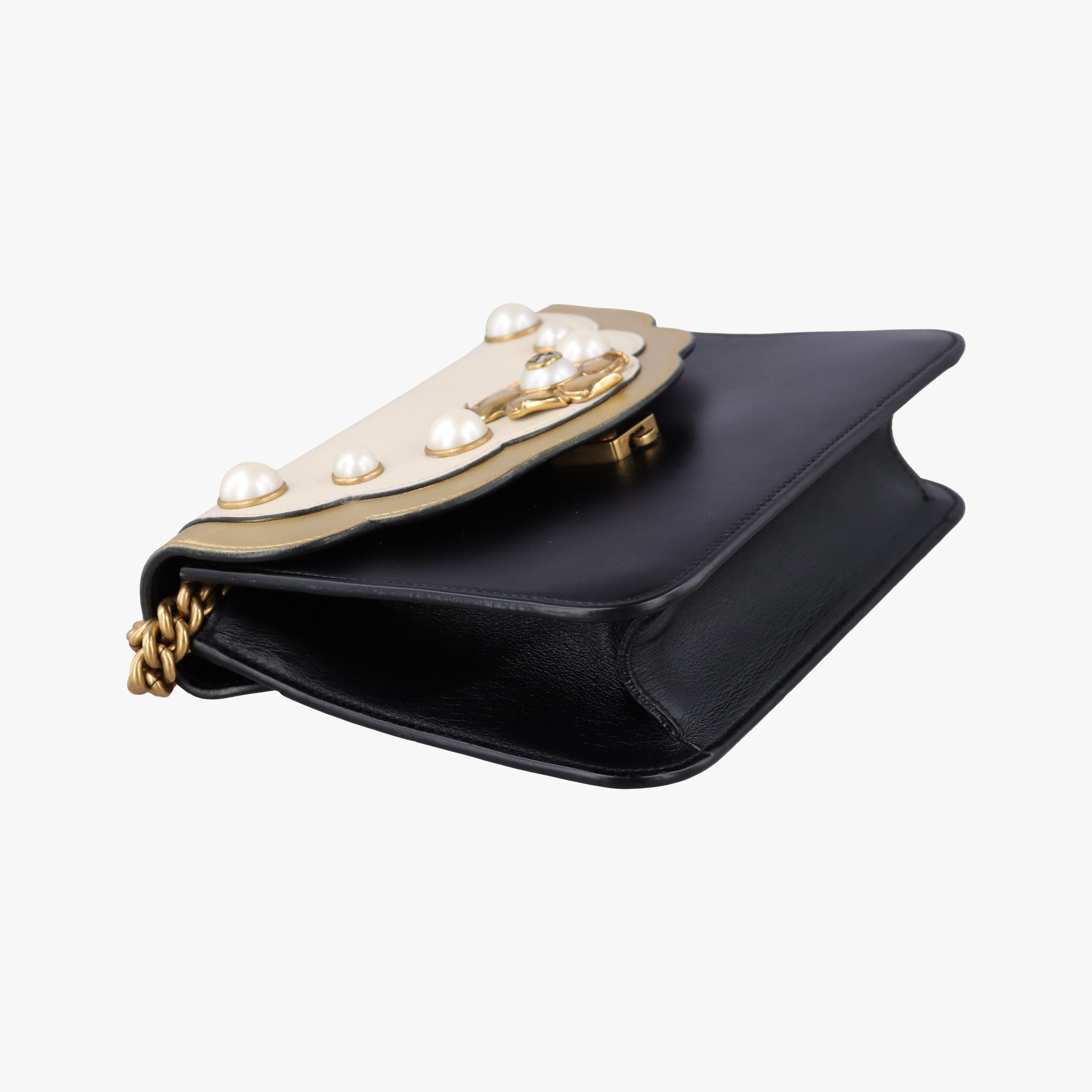 Pre-owned Gucci Pearly Peony Black×White×Gold Leather 432282 shoulderbag | stylenewstar