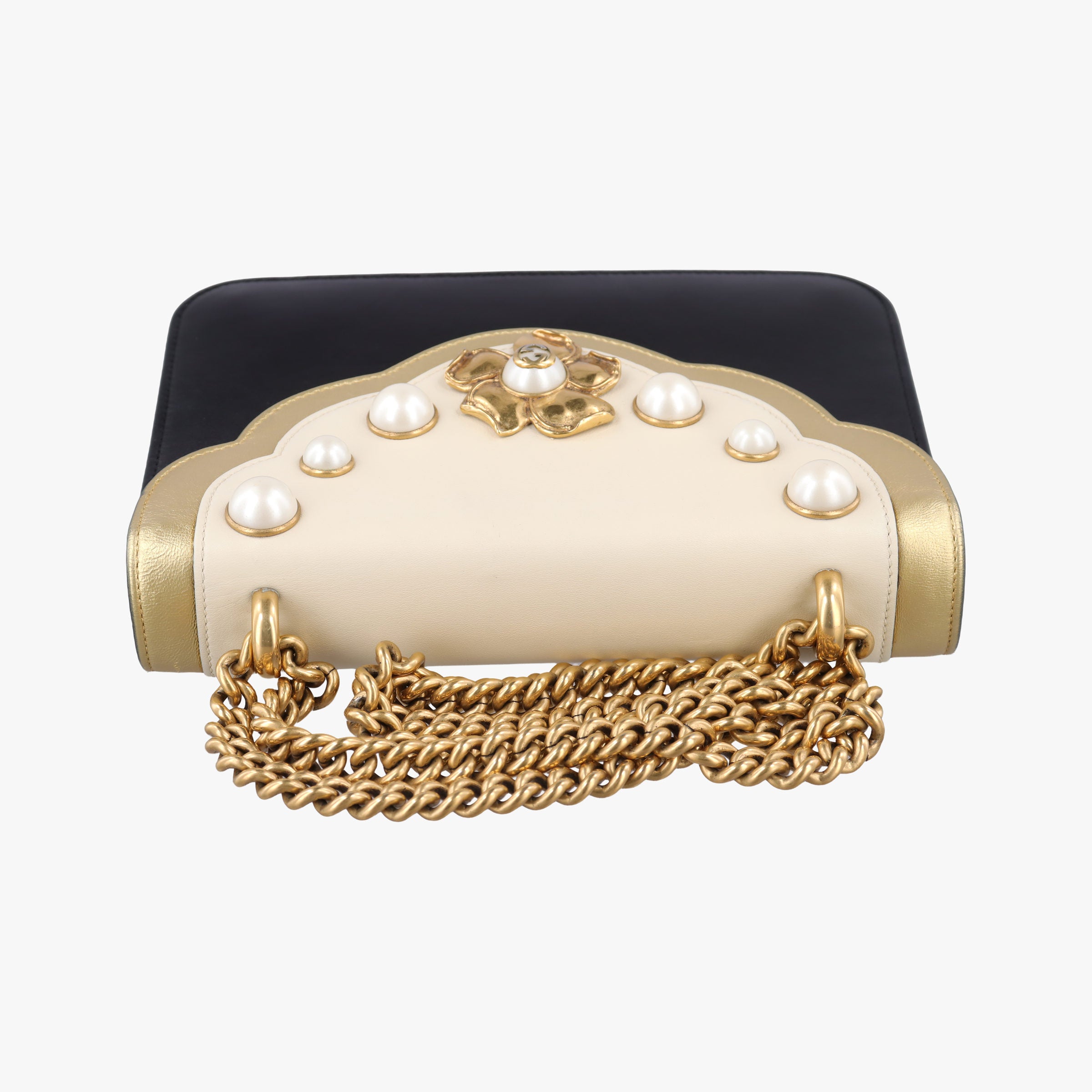Pre-owned Gucci Pearly Peony Black×White×Gold Leather 432282 shoulderbag | stylenewstar