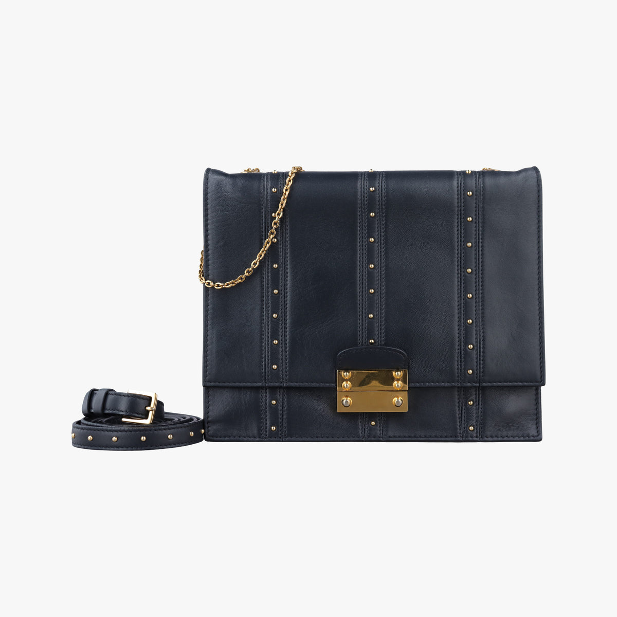 Pre-owned Valentino Studded Chain Flap Black Leather  shoulderbag | stylenewstar