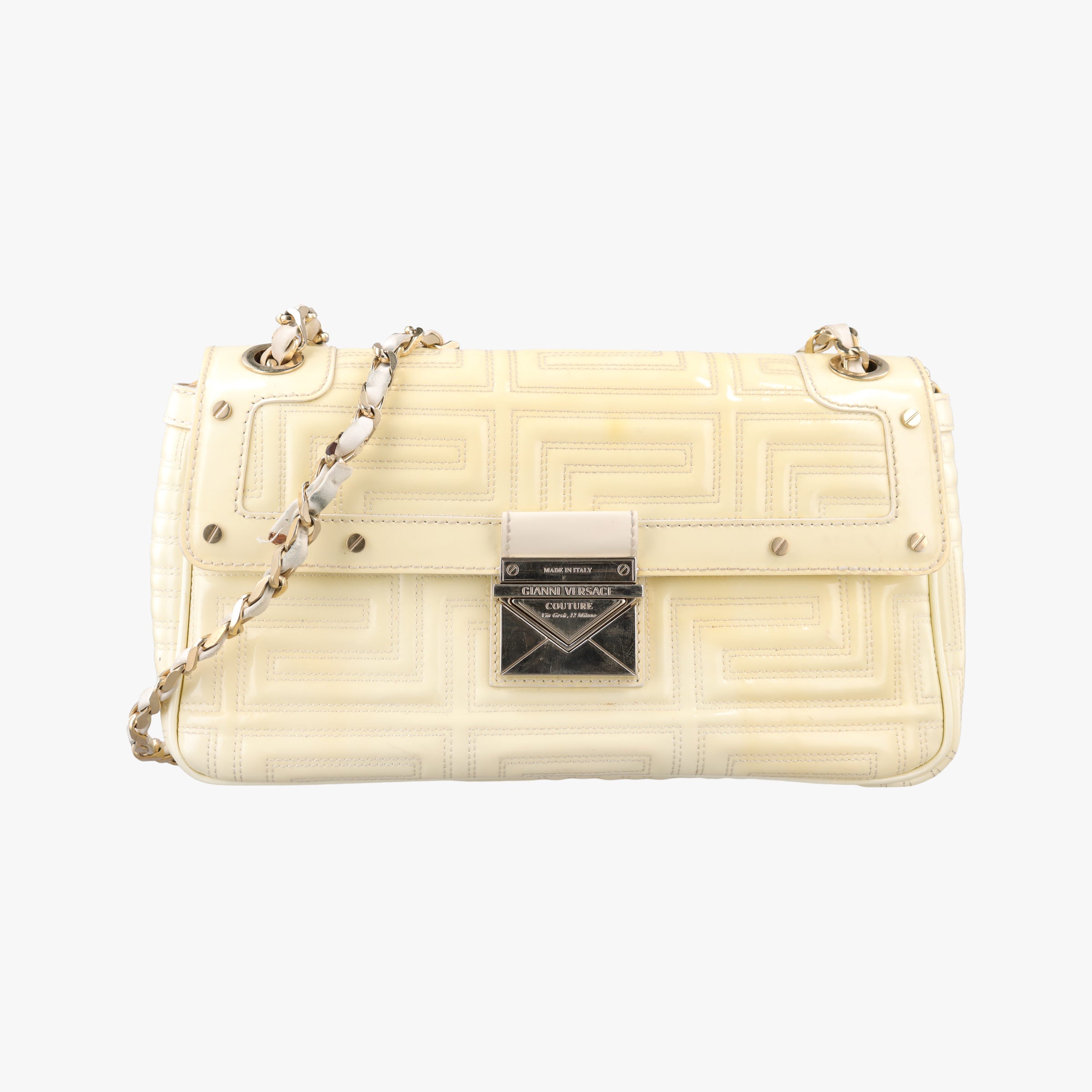Pre-owned VERSACE Greek Key Embossed Flap Yellow Patent  shoulderbag | stylenewstar