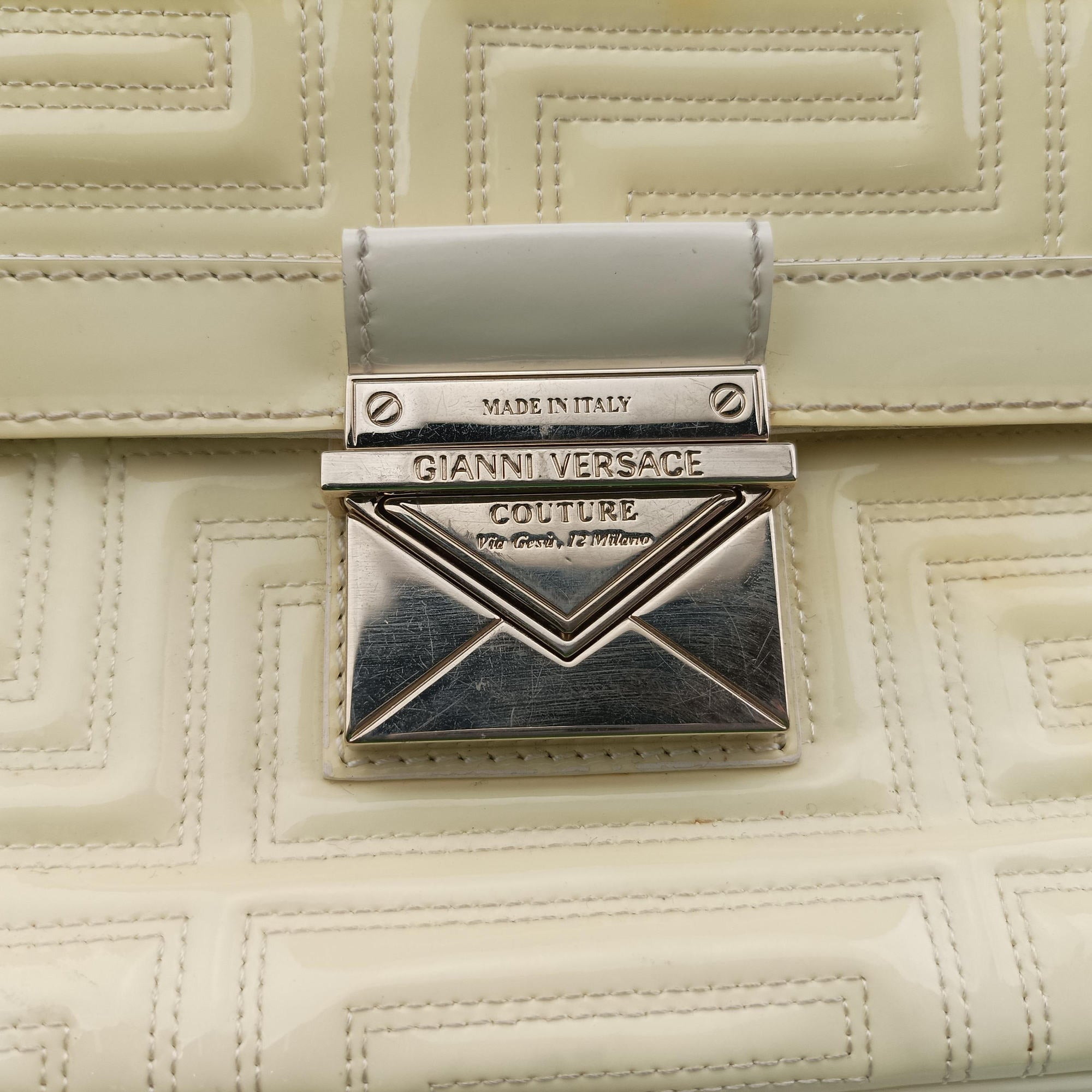 Pre-owned VERSACE Greek Key Embossed Flap Yellow Patent  shoulderbag | stylenewstar