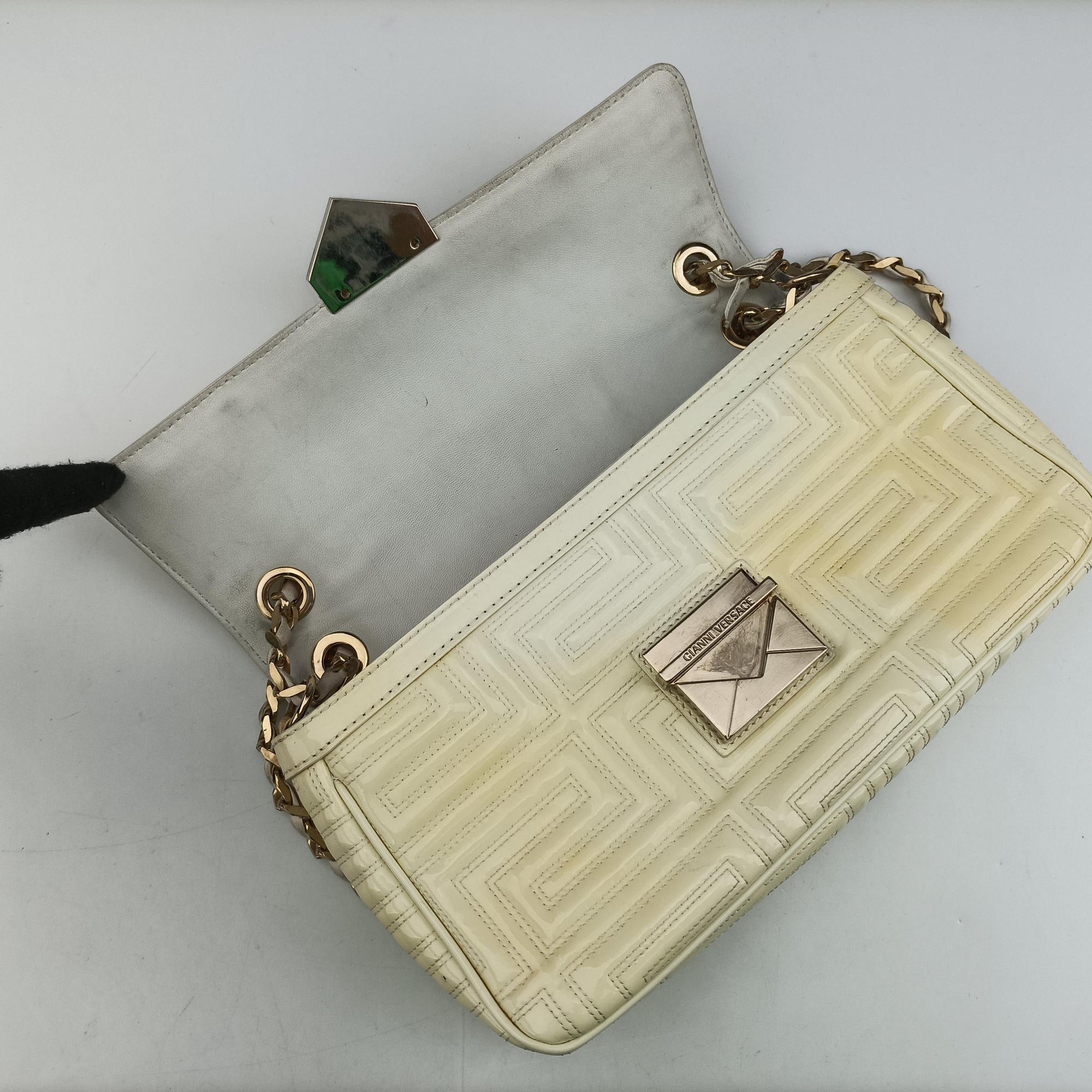 Pre-owned VERSACE Greek Key Embossed Flap Yellow Patent  shoulderbag | stylenewstar