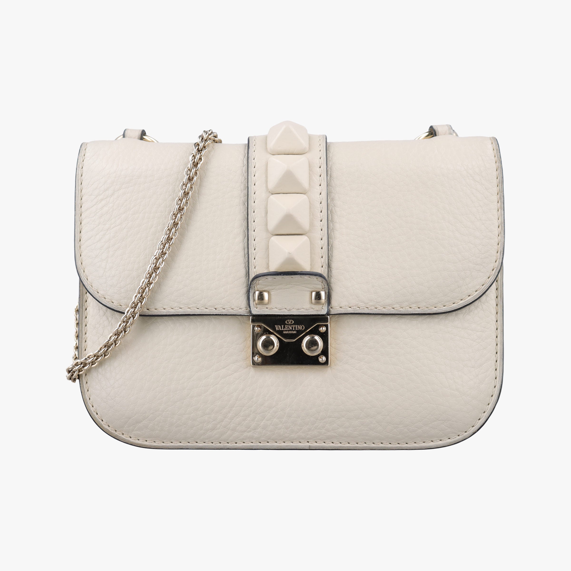 Pre-owned Valentino Rockstud Glam Lock White Leather  shoulderbag | stylenewstar
