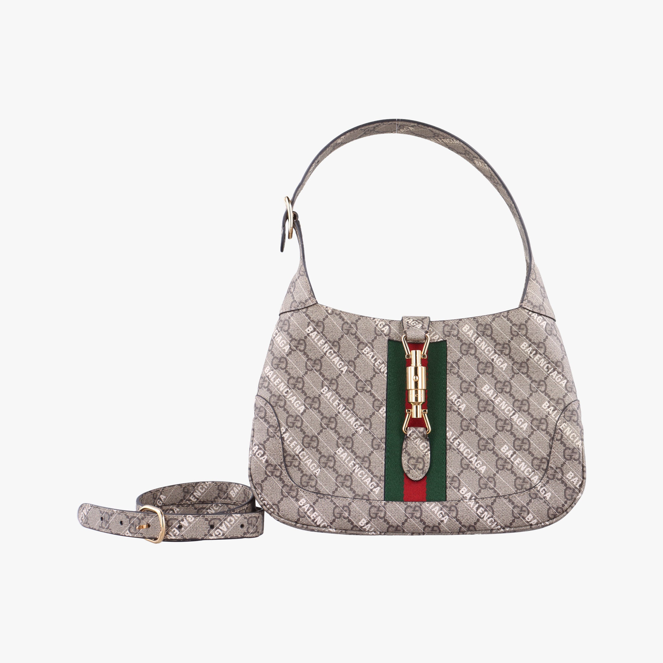 Pre-owned Gucci Balenciaga collaboration The Hacker Project Jackie 1961 beige×red×green PVC coated canvas 636706 shoulderbag | stylenewstar