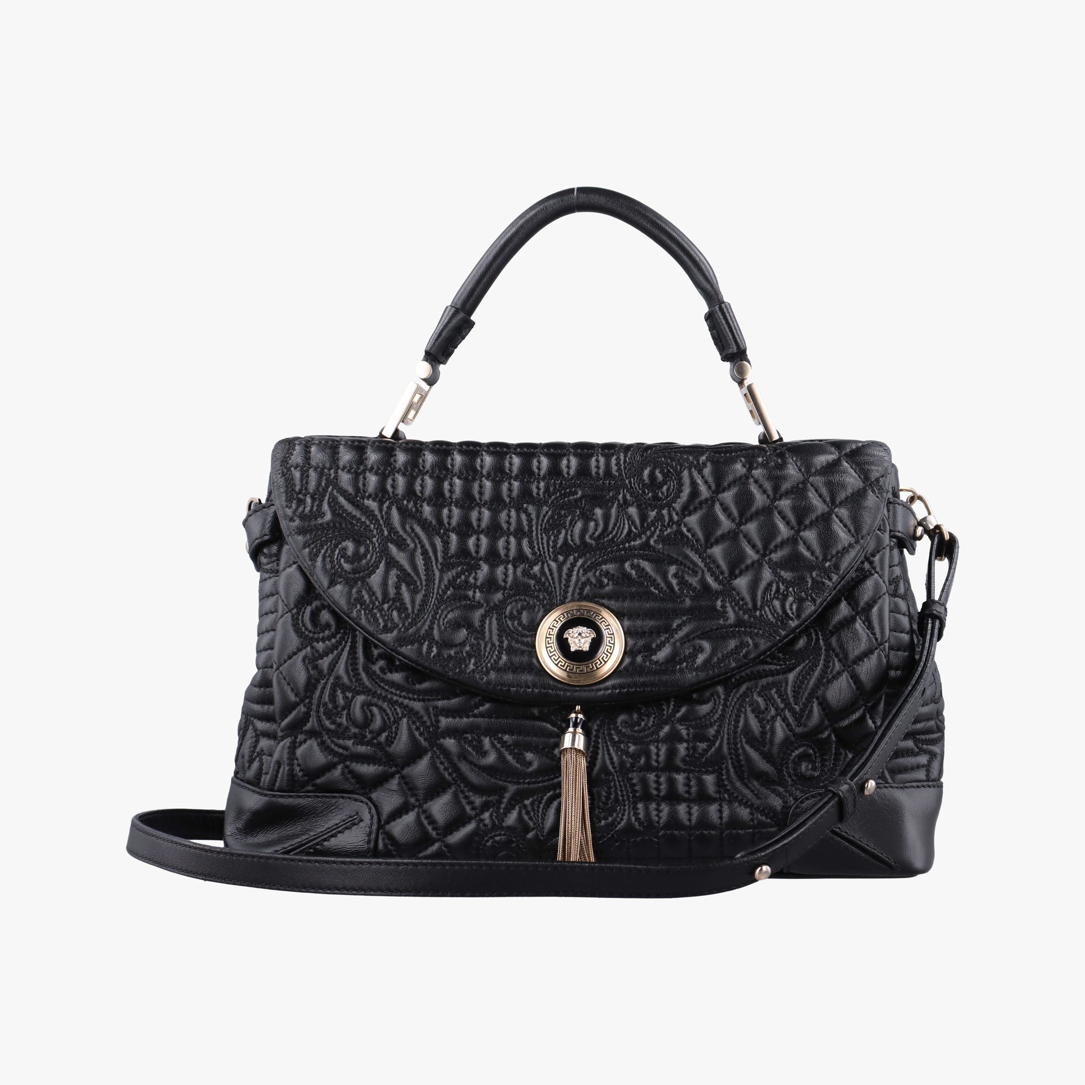 Pre-owned VERSACE Embossed Leather Talia Vanitas Black Leather  shoulderbag | stylenewstar