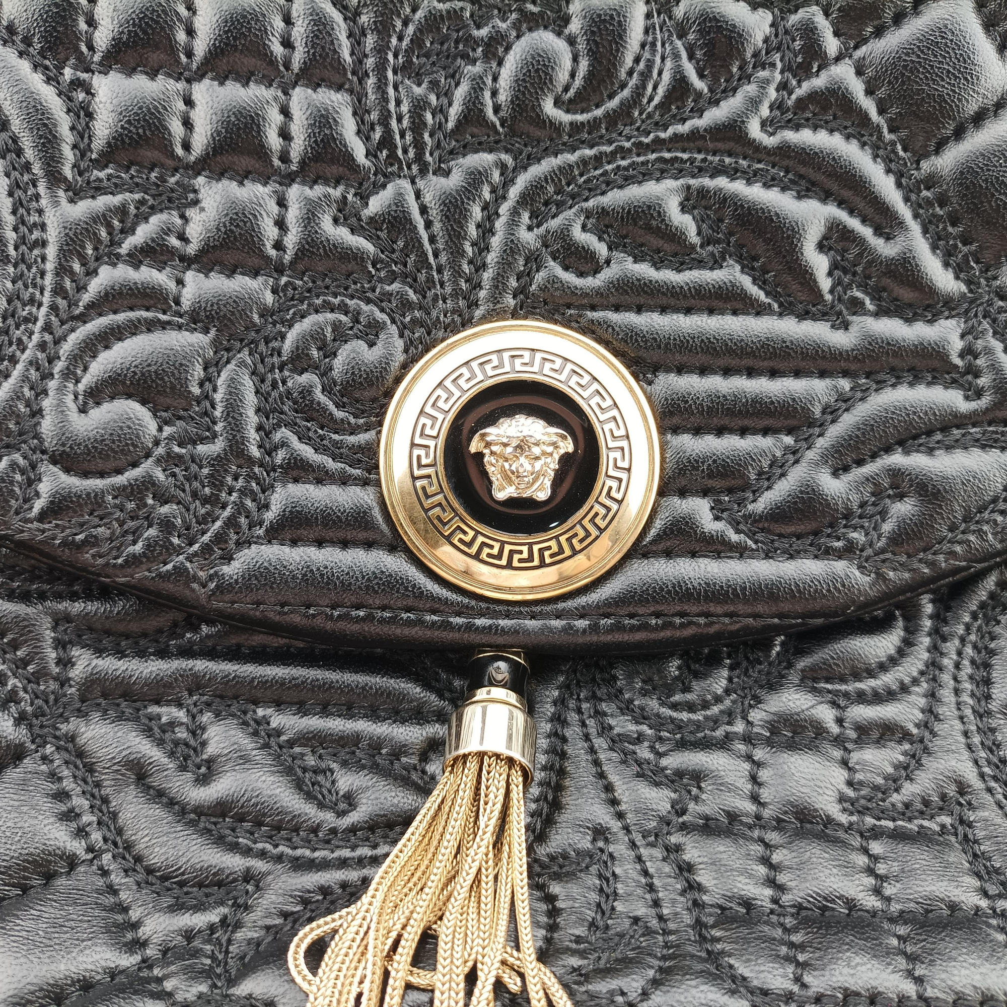 Pre-owned VERSACE Embossed Leather Talia Vanitas Black Leather  shoulderbag | stylenewstar