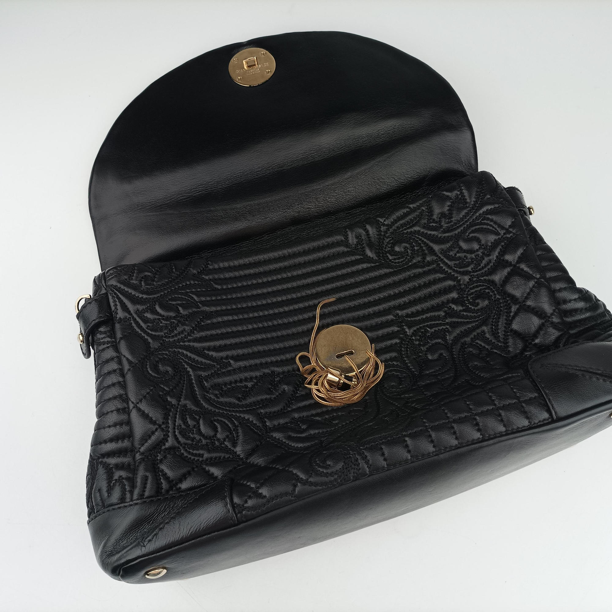 Pre-owned VERSACE Embossed Leather Talia Vanitas Black Leather  shoulderbag | stylenewstar