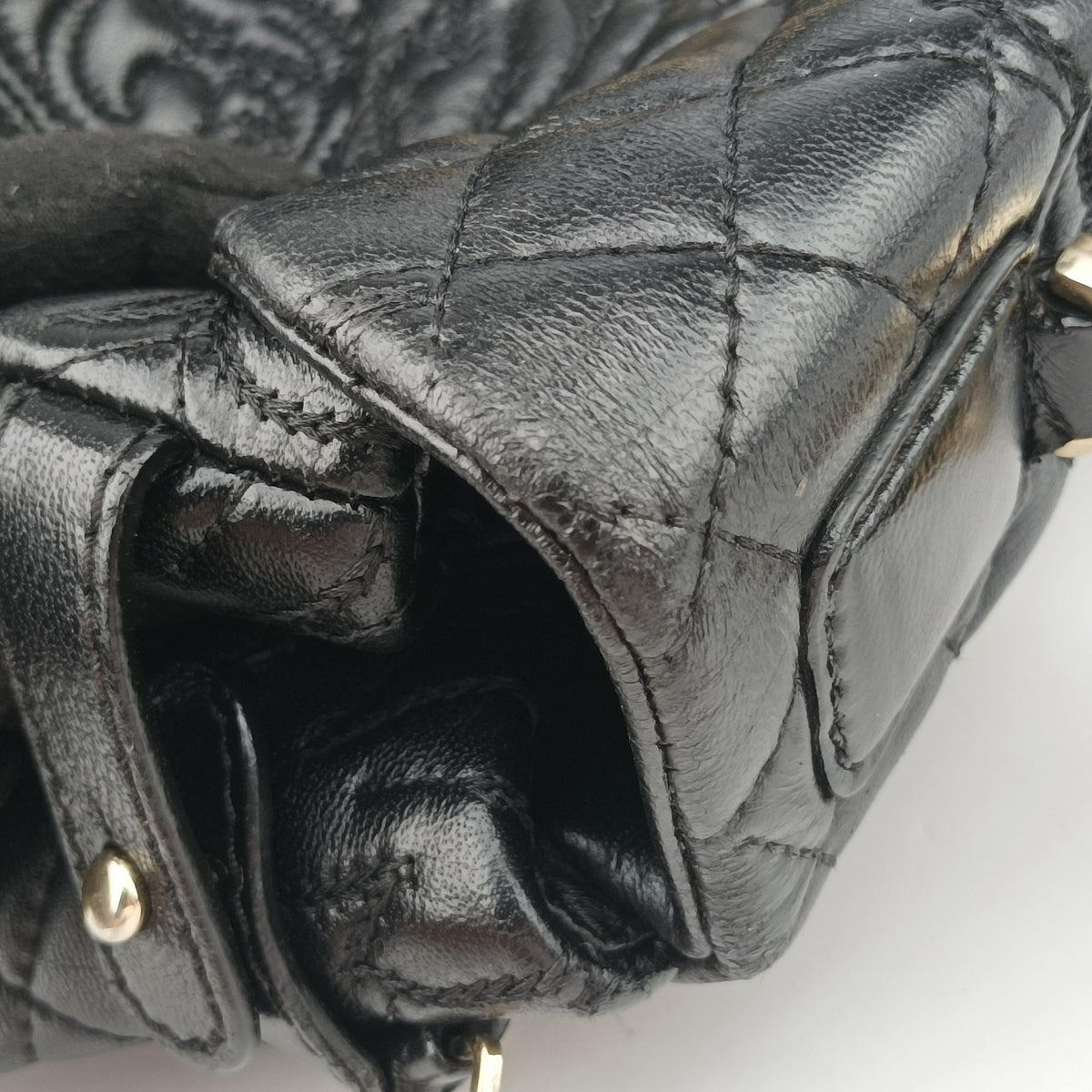 Pre-owned VERSACE Embossed Leather Talia Vanitas Black Leather  shoulderbag | stylenewstar