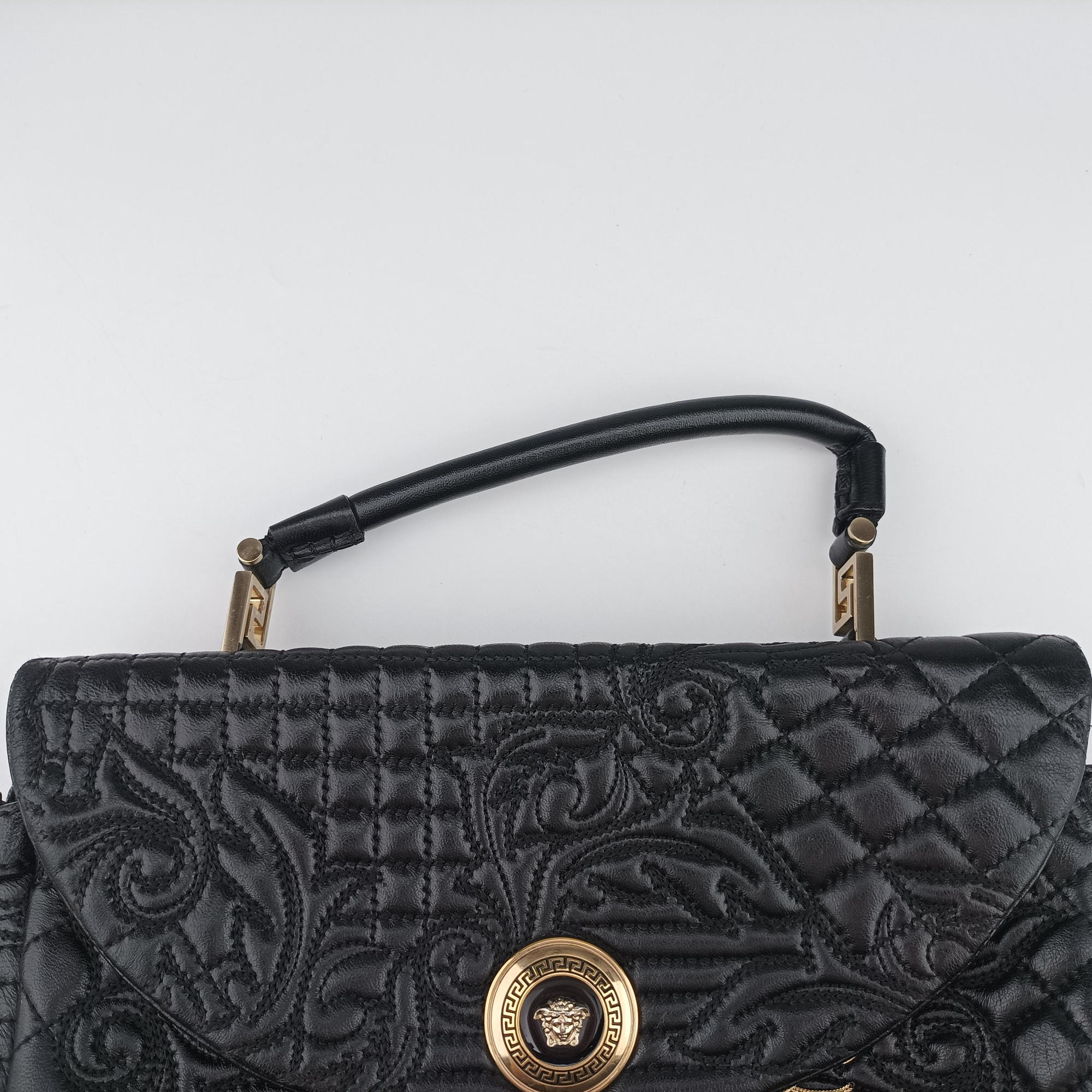 Pre-owned VERSACE Embossed Leather Talia Vanitas Black Leather  shoulderbag | stylenewstar
